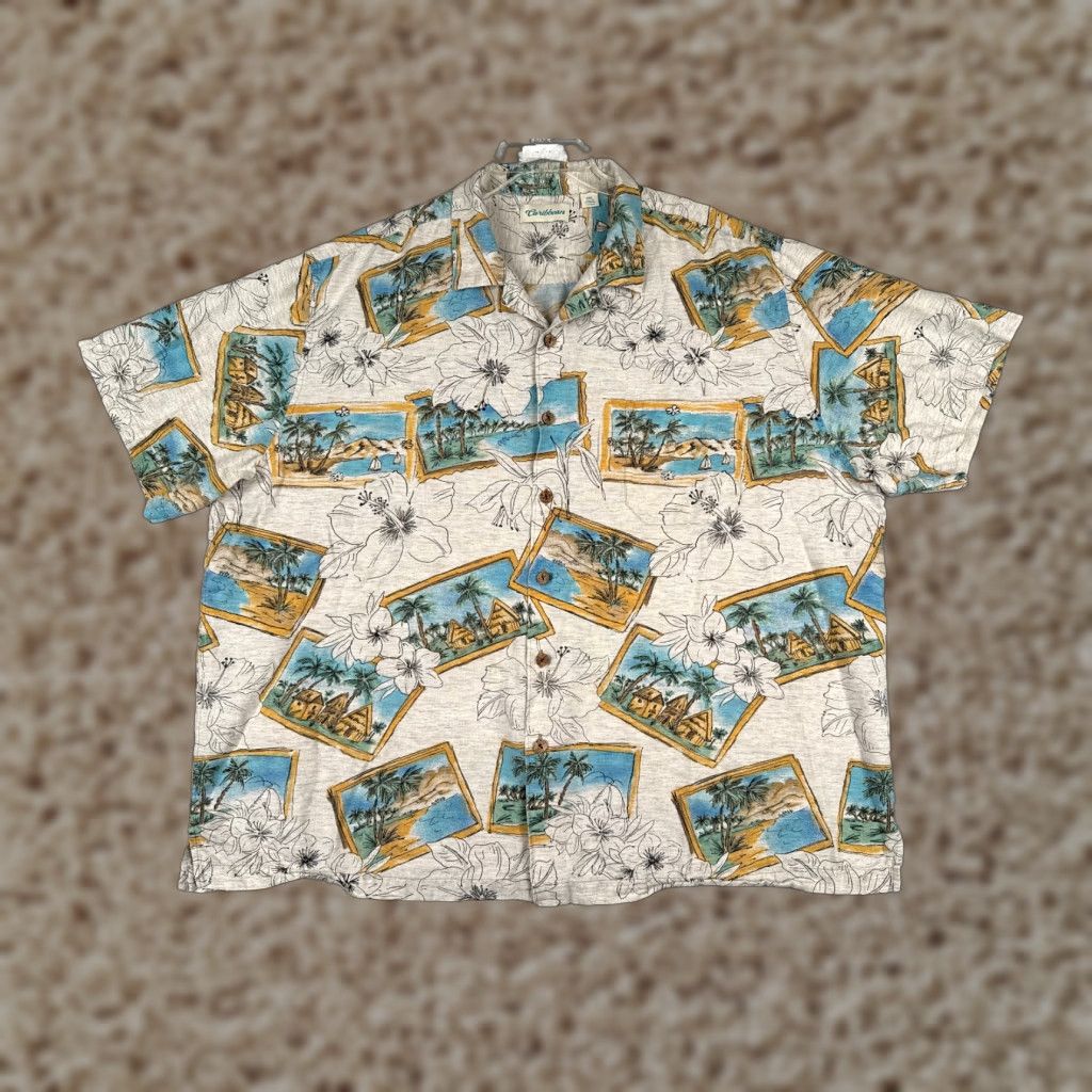 Vintage Caribbean Shirt Mens 2XL XXL Gray Floral Palm Postcard Hawaiian Cotton Blend Size US XXL / EU 58 / 5 - 1 Thumbnail