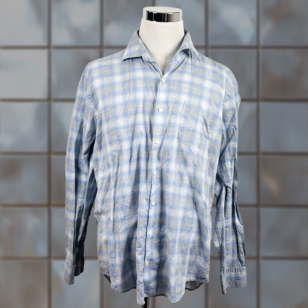 Peter Millar Peter Millar XL Casual Long Sleeve Shirt Blue White Plaid Cotton Button Front Mens Size US XL / EU 56 / 4 - 1 Thumbnail