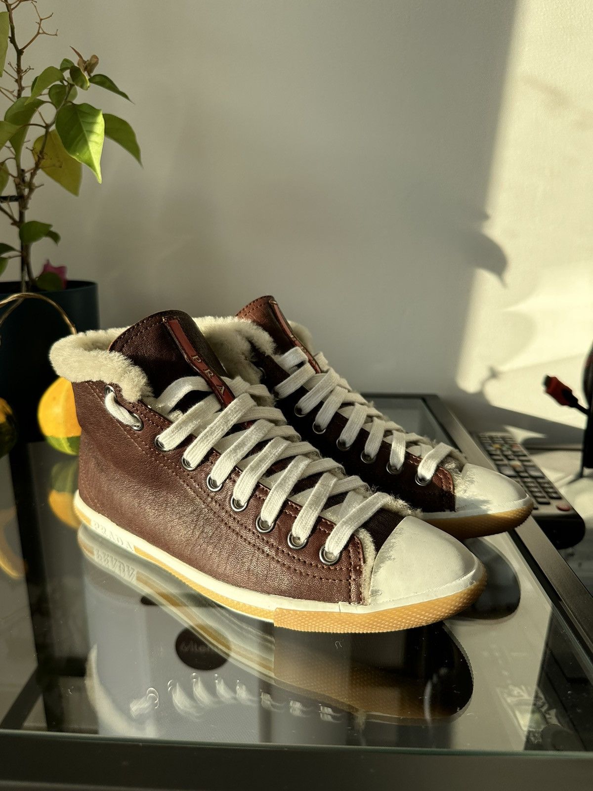 Prada Prada leather high top fur lining warm sneakers shoes Size US 6 / IT 36 - 2 Thumbnail