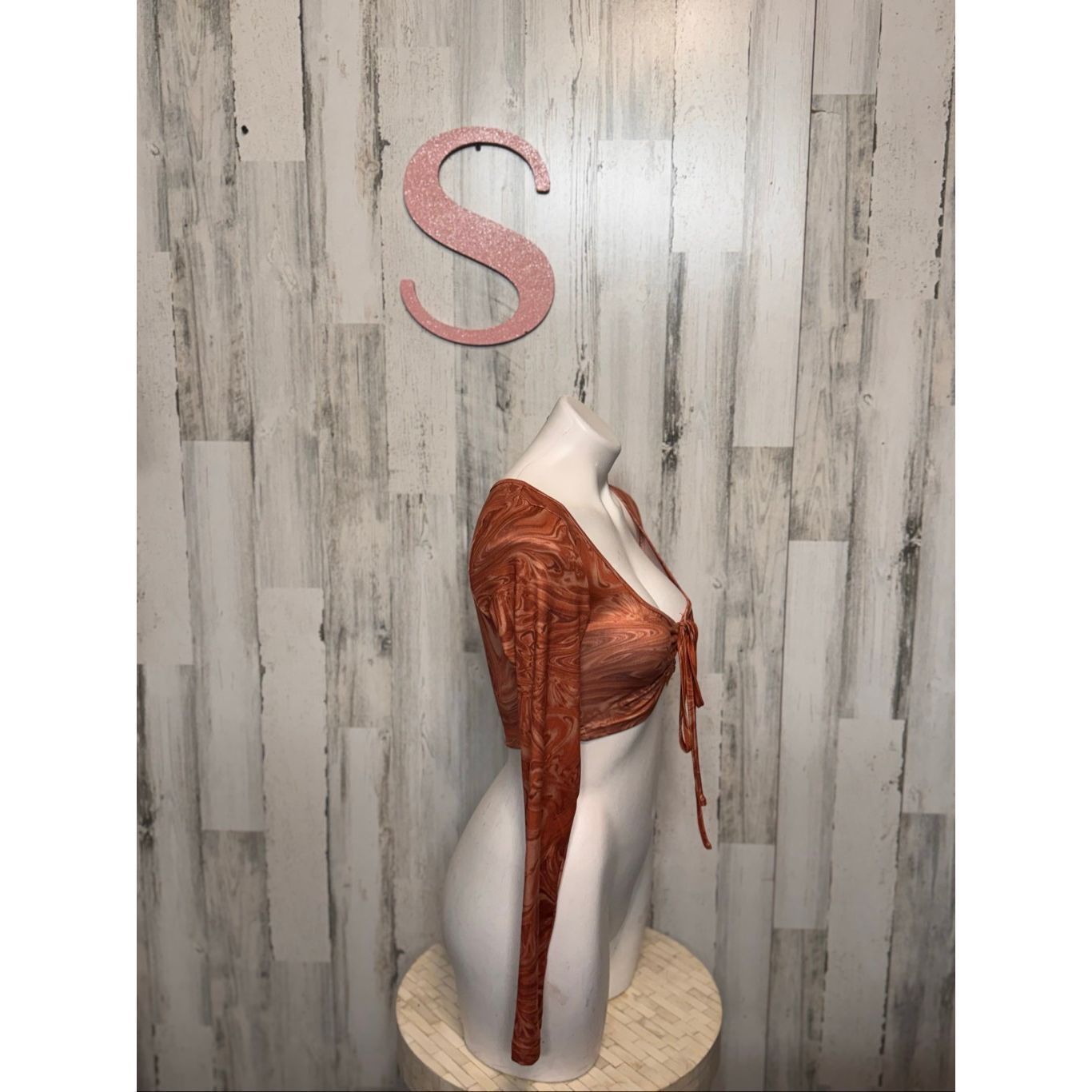 Other Rust Marble Print Long Sleeve Tie Front Crop Top | Ruched Front Stretchy Shirt – Size Small Size S / US 4 / IT 40 - 7 Thumbnail