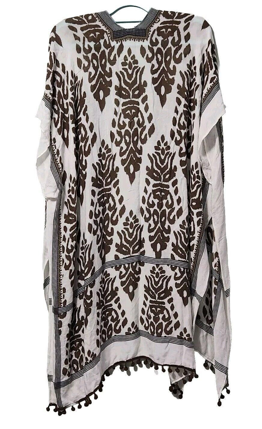 Designer Comfyluxe Kimono Cover Up White Brown Tassled One Size Size ONE SIZE - 5 Thumbnail