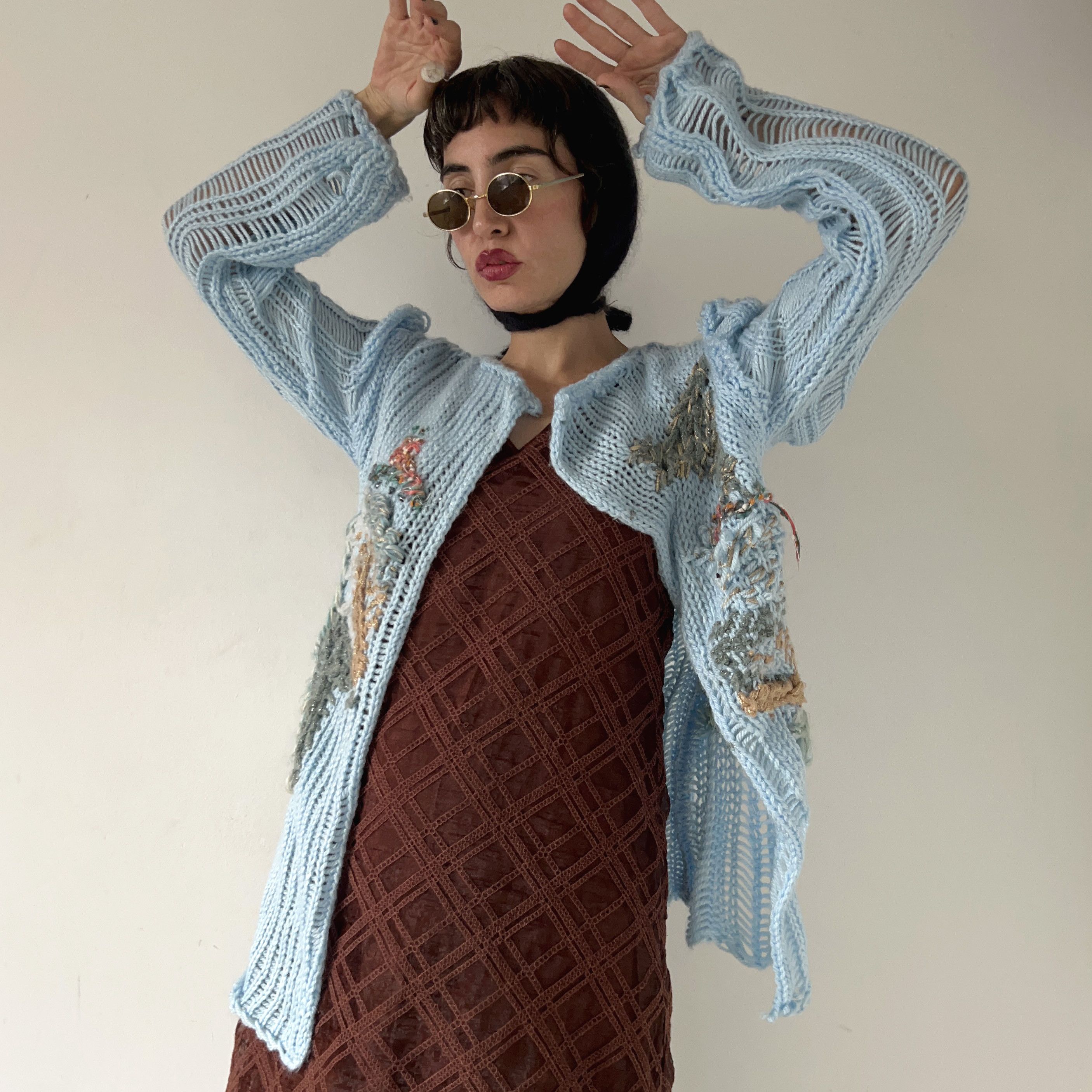 Handmade Hand Knit pastel blue tapestry cardigan Size M / US 6-8 / IT 42-44 - 6 Thumbnail