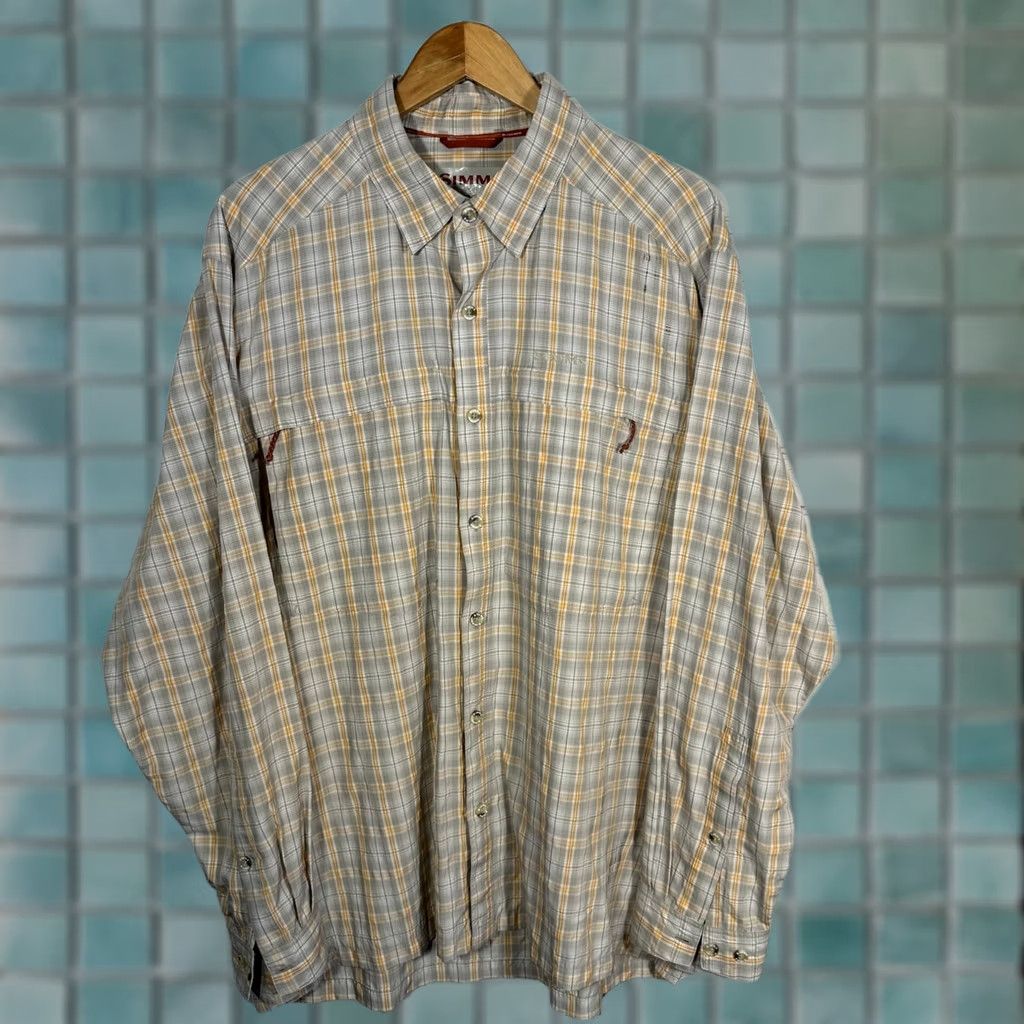Vintage Simms COR3 Mens XL Shirt Long Sleeve Plaid Grey Yellow Button Up Flaws Size US XL / EU 56 / 4 - 1 Thumbnail
