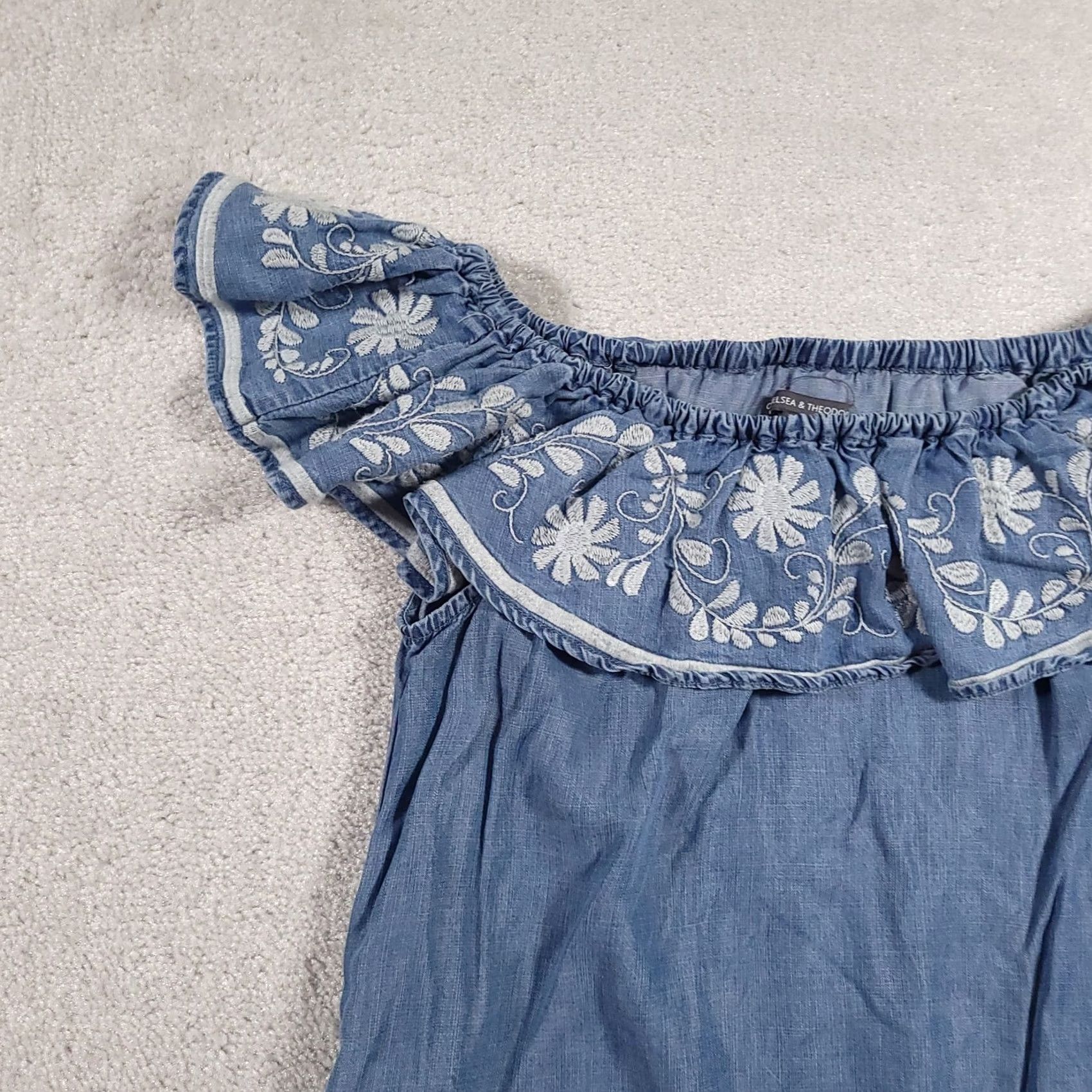 Vintage Chelsea & Theodore Dress Womens Large Blue Off Shoulder Embroidered Tencel Boho Size L / US 10 / IT 46 - 3 Thumbnail