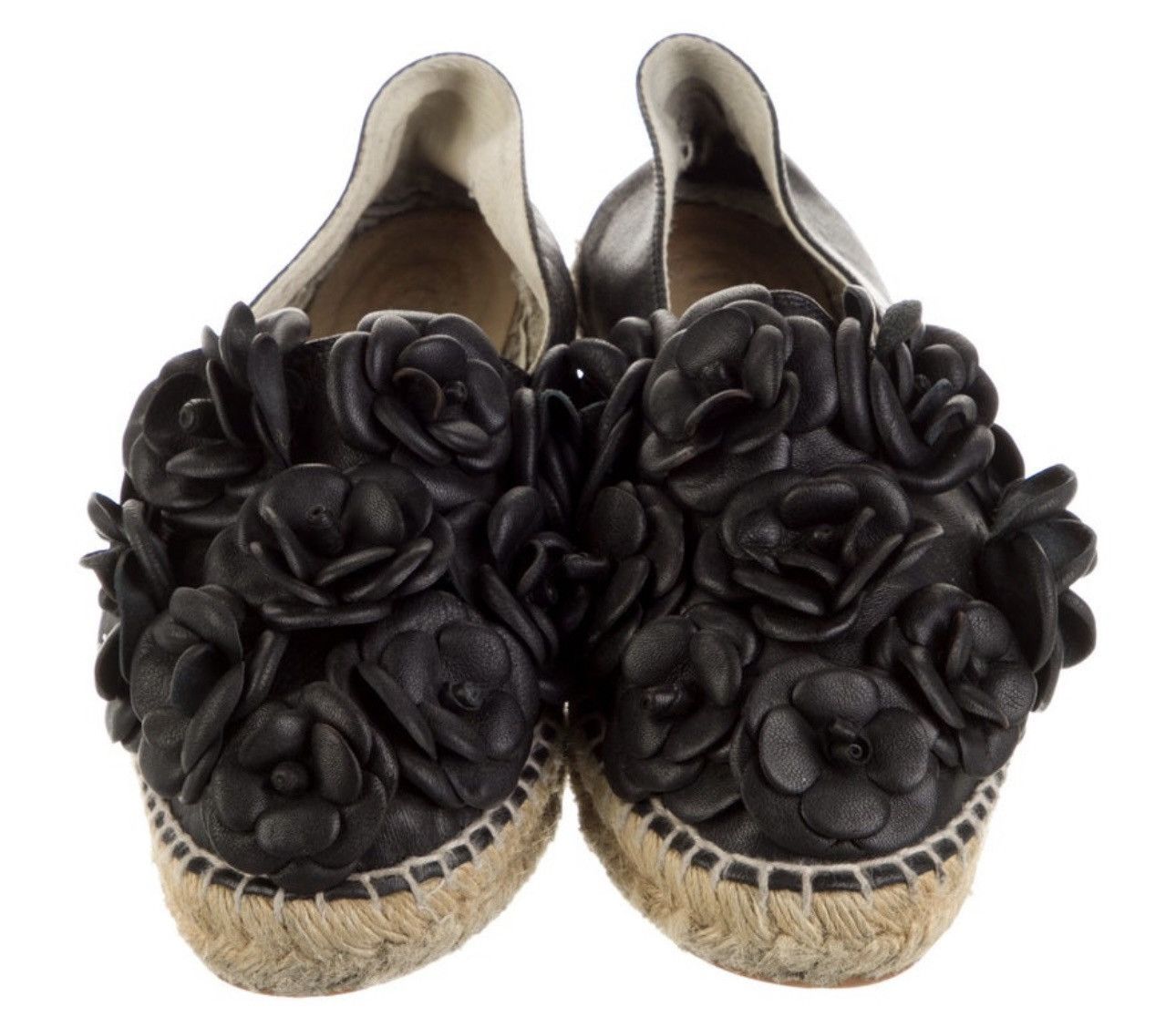 Chanel Flower camellia black leather espadrilles