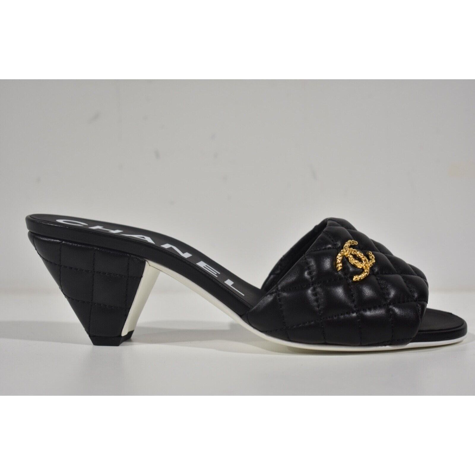 Chanel REV Quilted CC Gold Logo Cone Heel Mule Slide Sandal 39 Size US 9 / IT 39 - 2 Thumbnail