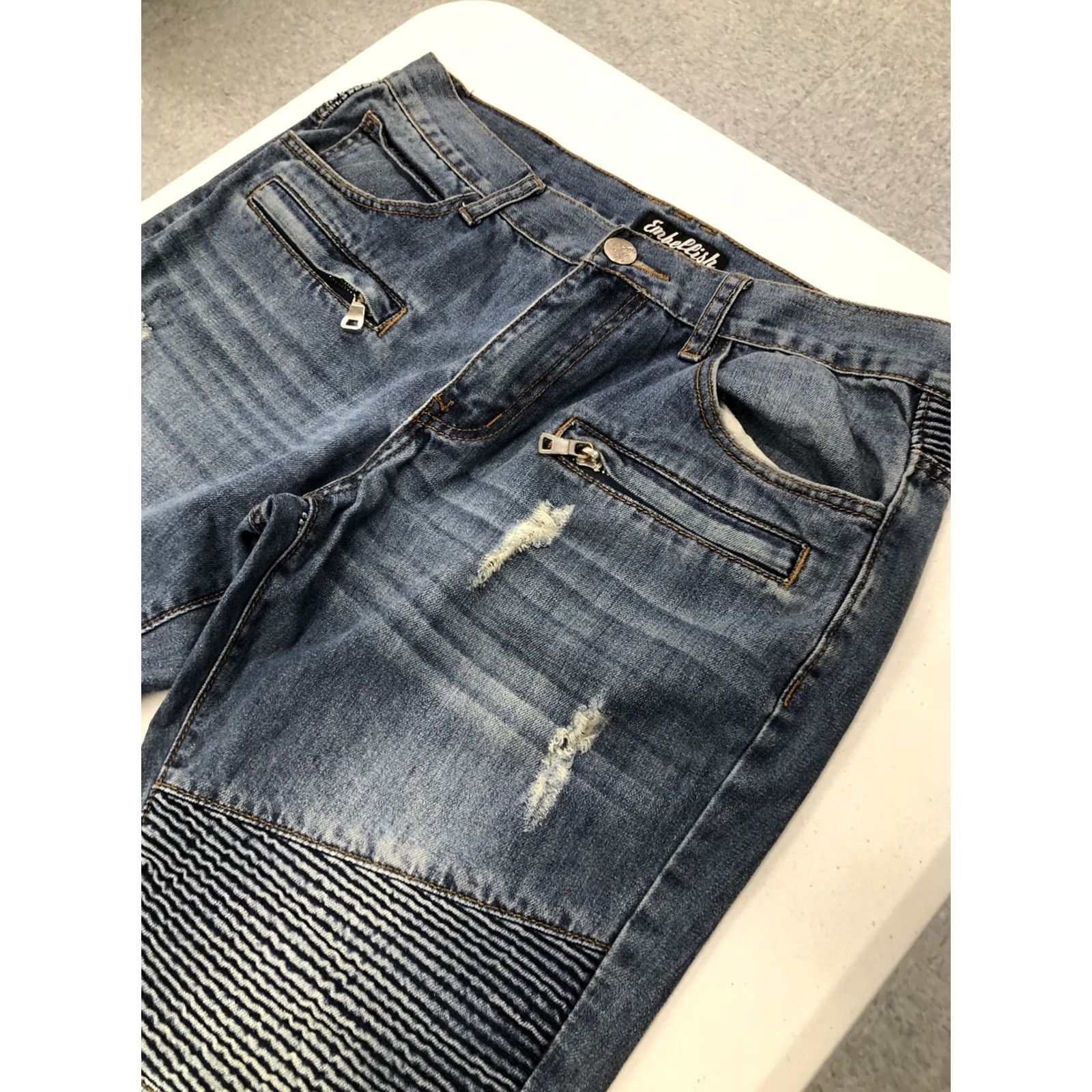 Vintage Embellish Jeans Slim 34 (36x33) Distressed Biker Moto 5-Pocket Denim Men’s Skinny Rise Mid Blue Regular Sewer? Size US 34 / EU 50 - 7 Thumbnail