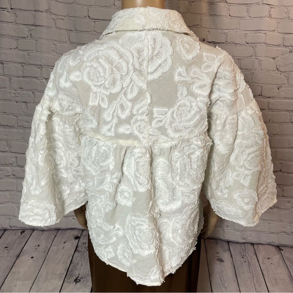 Current Air Current Air Floral Embroidered Cotton 3/4 Bell Sleeve Ivory Size XS / US 0-2 / IT 36-38 - 3 Thumbnail