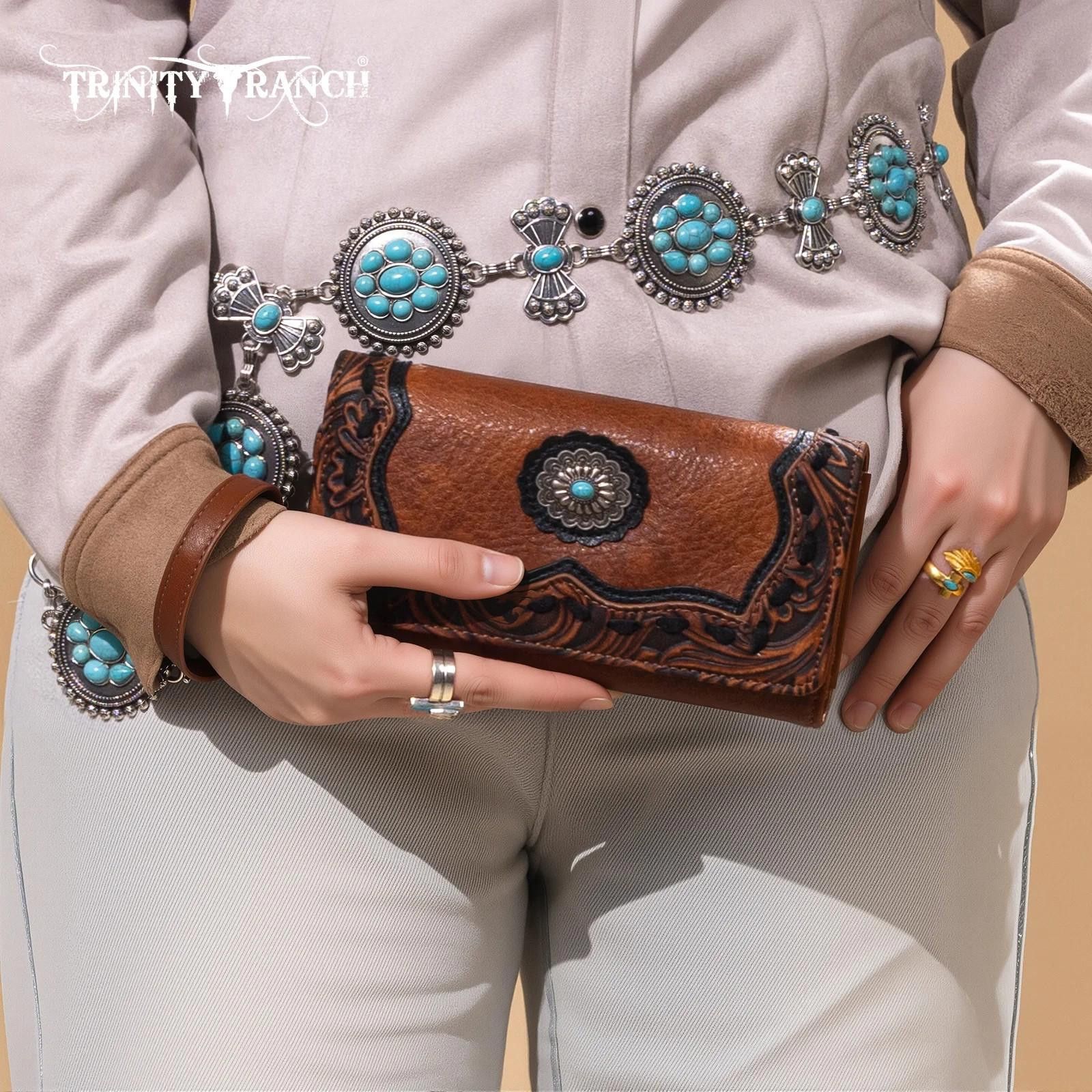 Designer Trinity Ranch Leather Wallet with Turquoise Accents Size ONE SIZE - 1 Thumbnail
