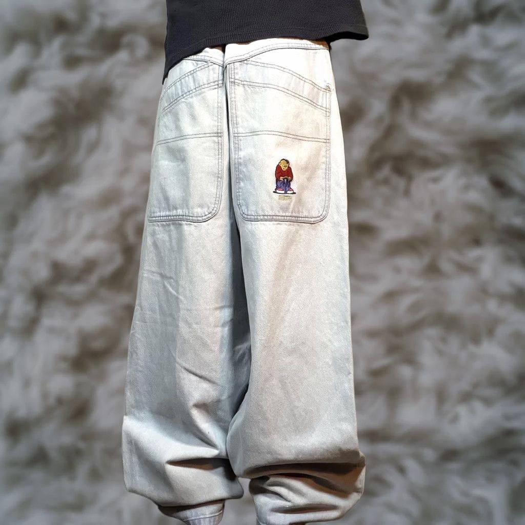 Vintage Menace Y2K Baggy Jeans 38x35 Light Wash Wide-Leg Denim Cartoon Embroidered Jeans Men Wearing Casual Streetwear Mens Size US 38 / EU 54 - 1 Thumbnail