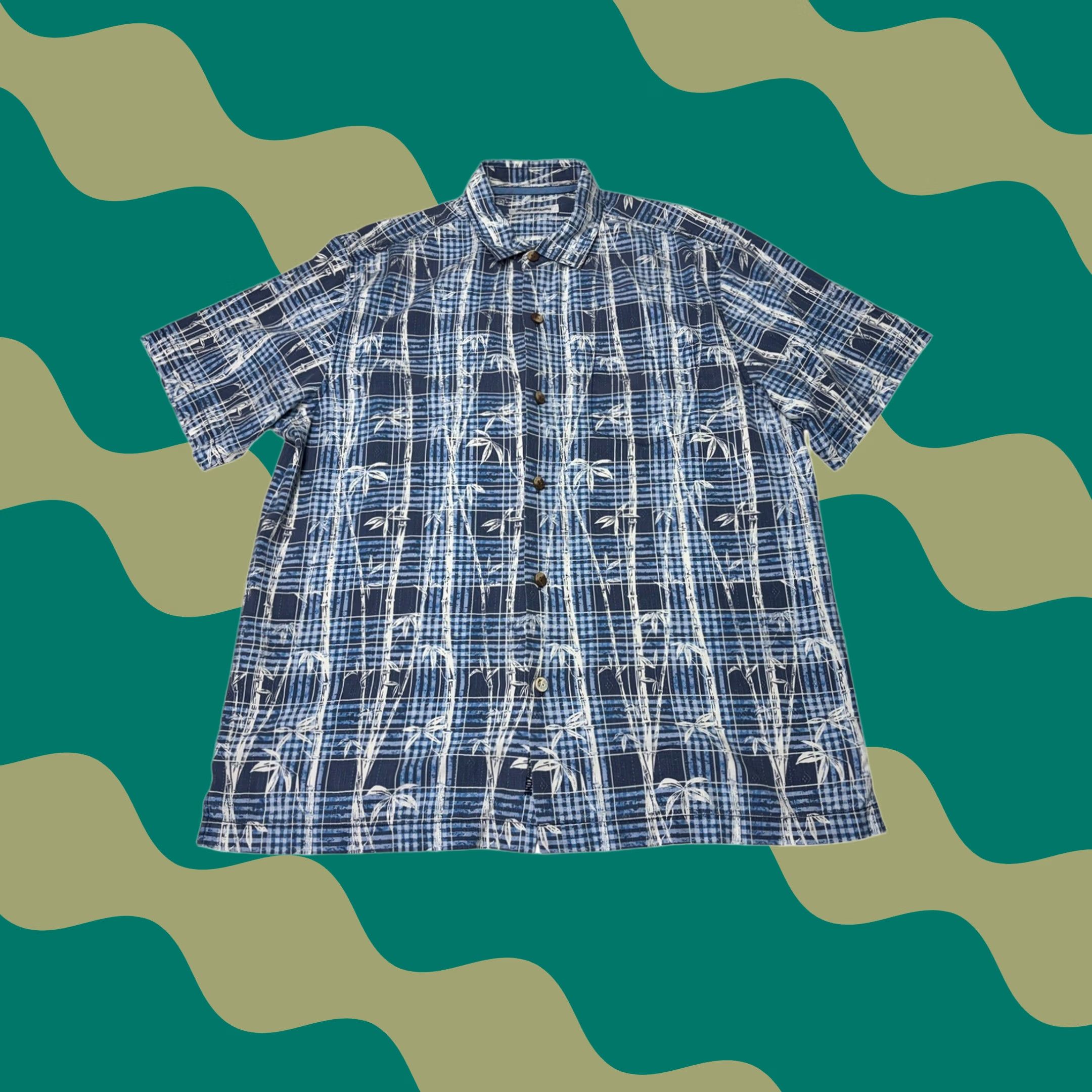 Tommy Bahama Tommy Bahama Mens Large Blue Bamboo Plaid Silk Blend Short Sleeve Button Up Shirt Size US 33 - 1 Thumbnail