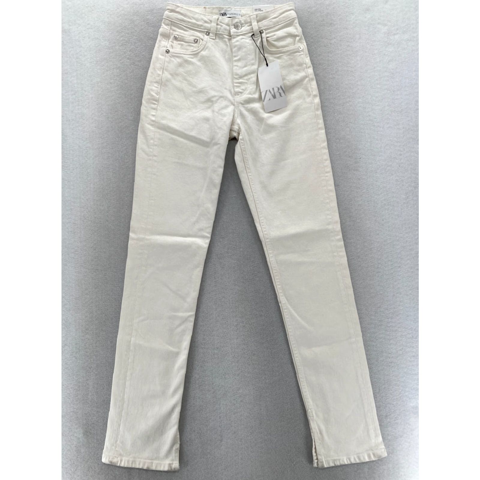 Zara ZARA Jeans Women's 2 Slim Straight High Rise Light Beige Stretch Denim Split Hem 5-Pocket Cotton Spandex Denim Size 26" / US 2 / IT 38 - 2 Thumbnail