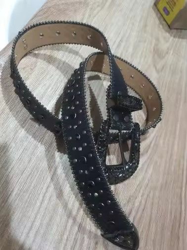 Japanese Brand Black Cross Rivet 115 cm Belt Engraved Buckle Rhinestone Size ONE SIZE - 7 Thumbnail