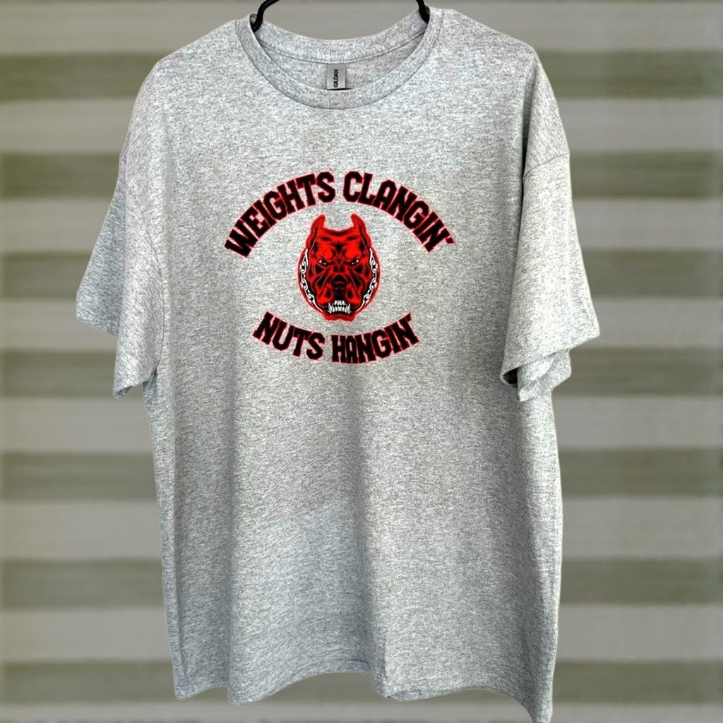 Vintage G200 Weights Clangin’ Nuts Hangin’ Mens PITBULL Gym Bodybuilding Shirt XL Gray Mens shirt Size US XL / EU 56 / 4 - 1 Thumbnail