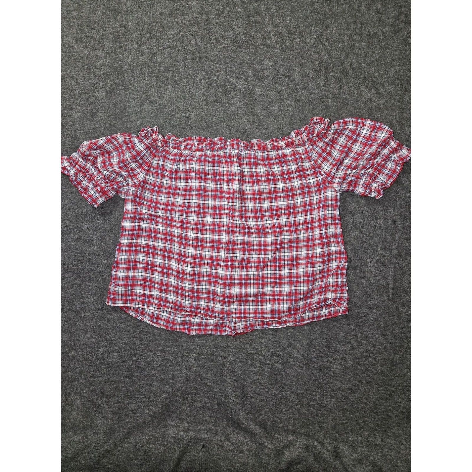Tommy Hilfiger Tommy Hilfiger Shirt Womens Medium Red Plaid Off Shoulder Cropped Blouse Short Sleeve Ruffle Crew Neck Cotton Viscose Casual Size M / US 6-8 / IT 42-44 - 6 Thumbnail