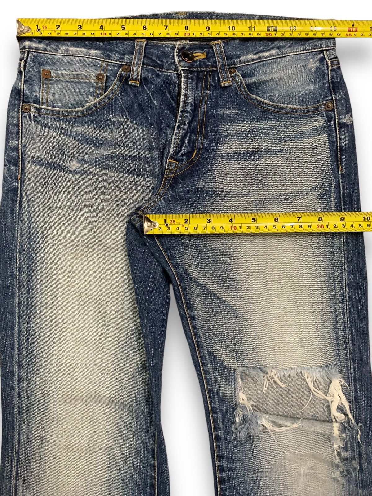If Six Was Nine Japanese Blue Way Cracked Wash Cross Distressed Flare Jeans Size US 30 / EU 46 - 15 Thumbnail
