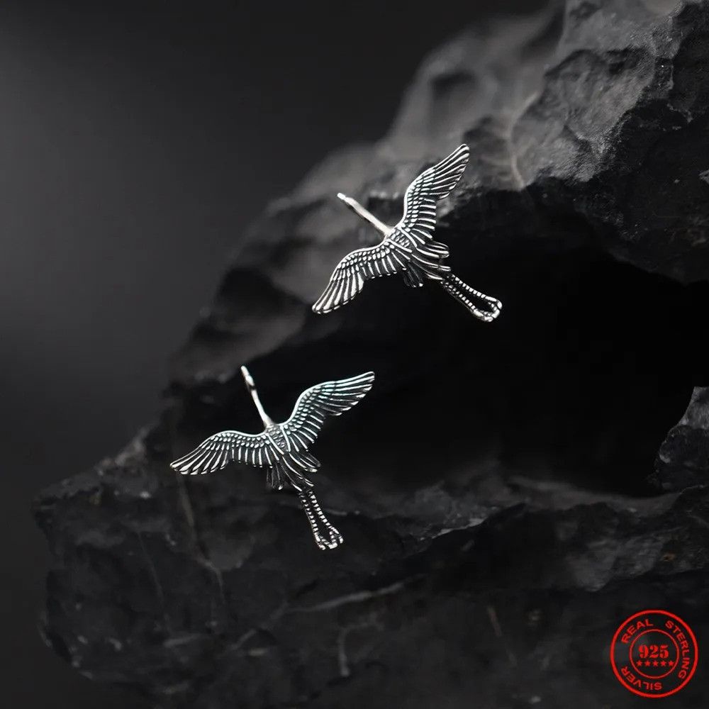 Jewelry Flying Cranes Stud Earrings 925 Sterling Ear Charm Gift Size ONE SIZE - 2 Thumbnail