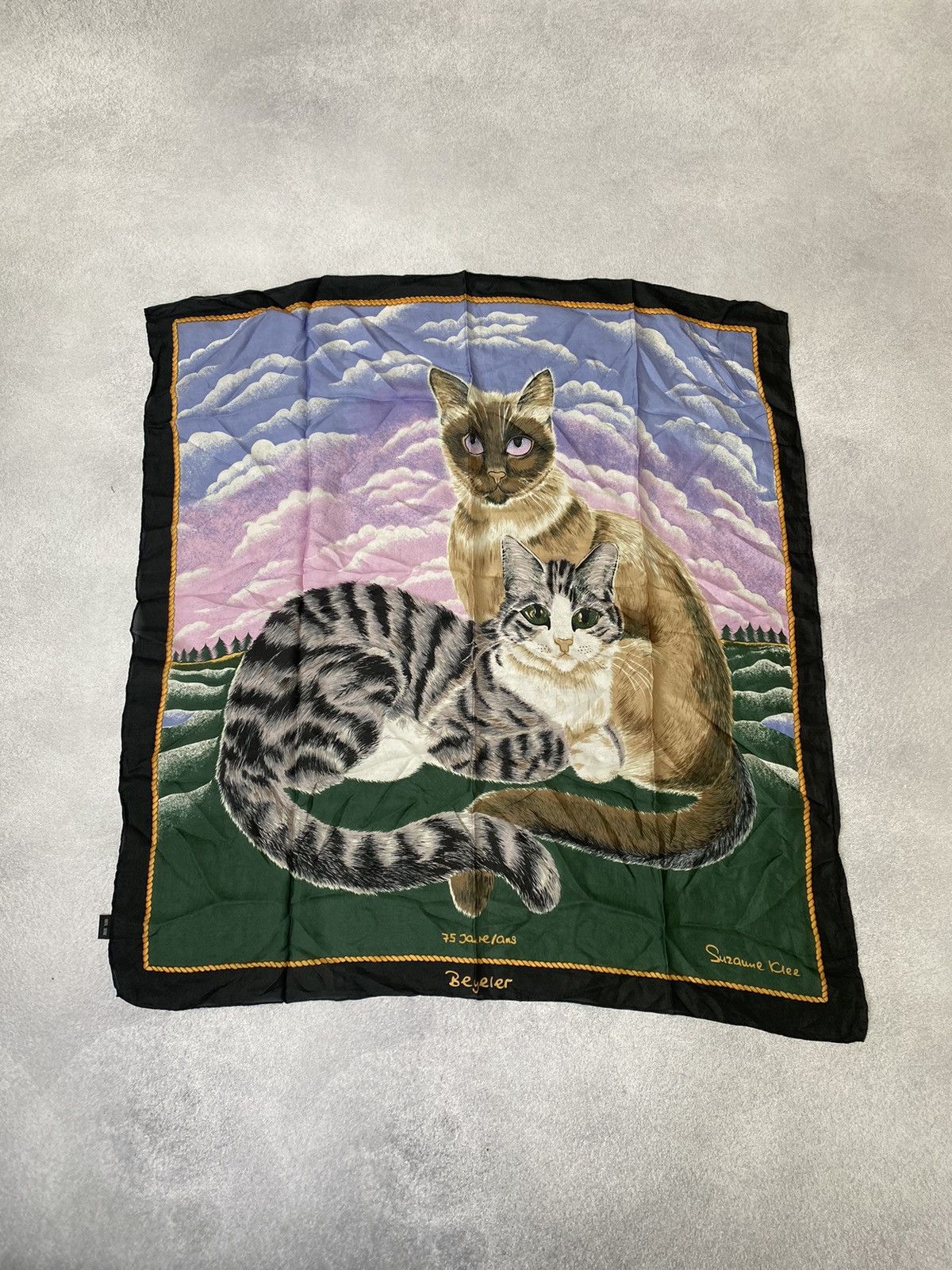 Designer × Vintage SCARF VINTAGE SUZANNE Klee Beyeler Siamese Cats Green Silk Size ONE SIZE - 2 Thumbnail
