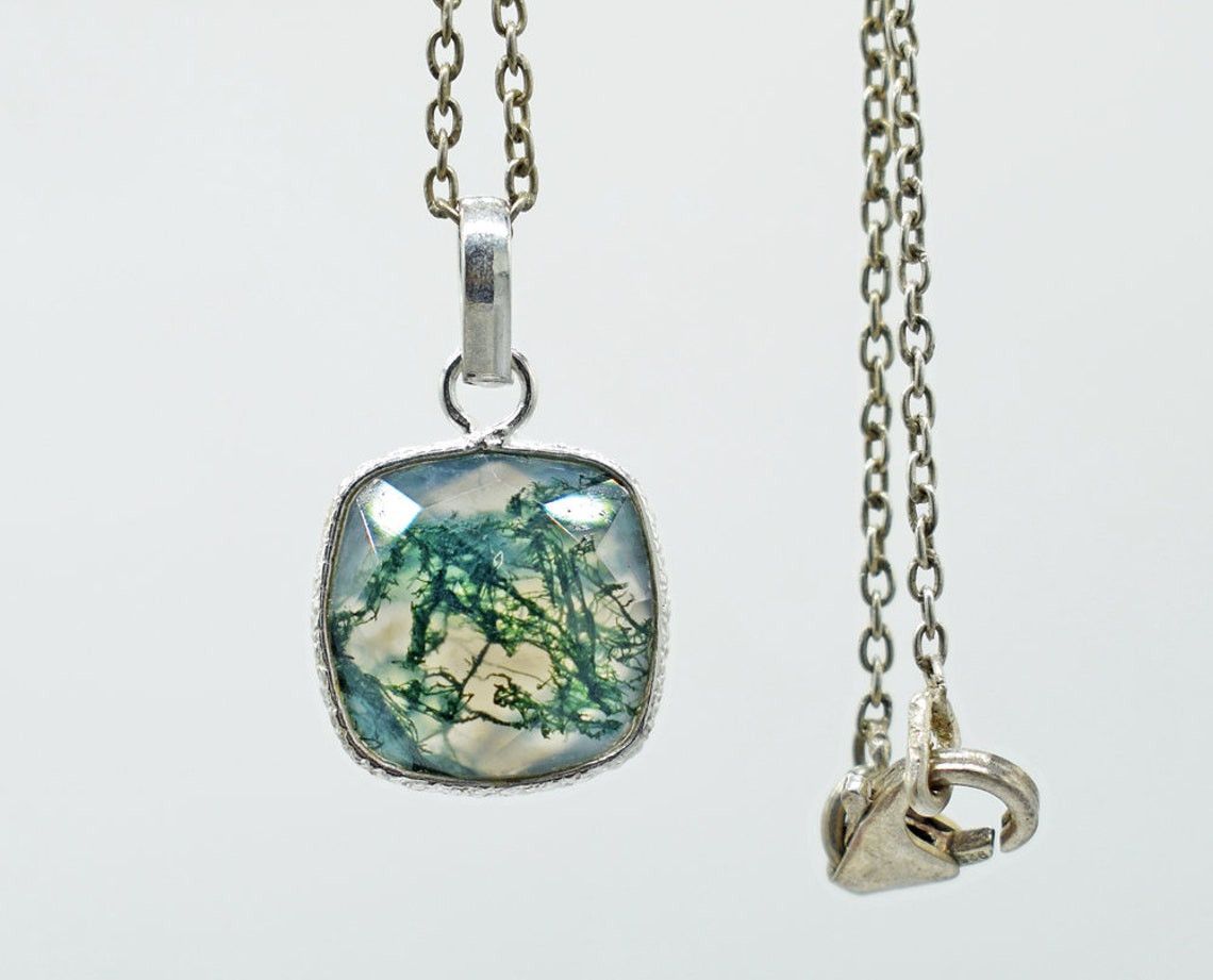 Handmade Moss Agate 925 Sterling Silver Necklace Natural Gem Pendant Size ONE SIZE - 1 Thumbnail