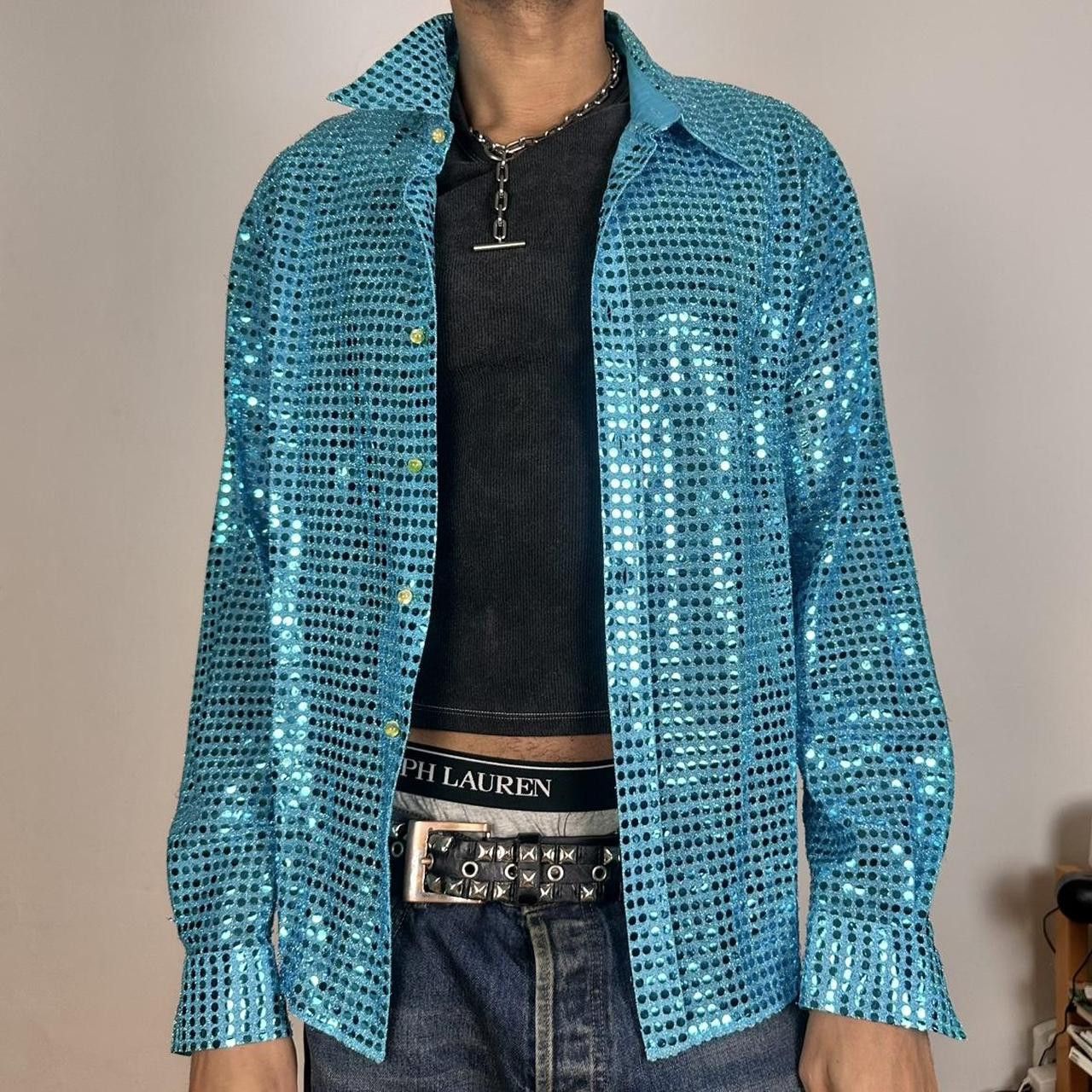 Acne Studios ACNE BLUE TURQUOISE BUTTON UP SEQUIN SHIRT _ SIZE 54 Size US XL / EU 56 / 4 - 1 Thumbnail