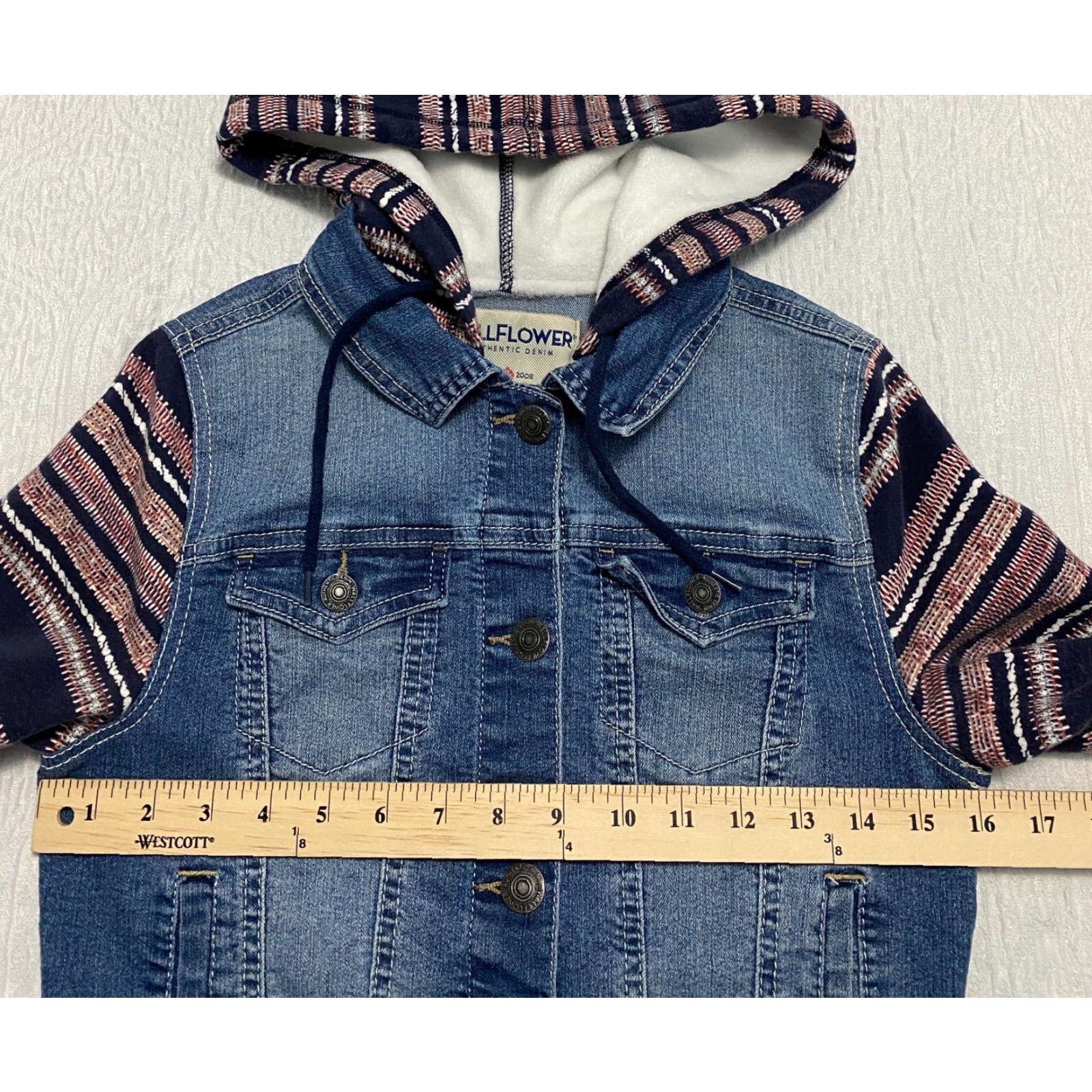 Vintage Wallflower Hooded Denim Jacket Shirt Women Juniors S Blue Striped Casual Basic Size 28" / US 6 / IT 42 - 5 Thumbnail