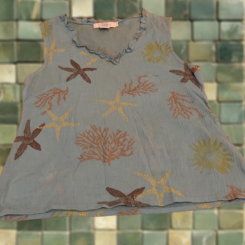 Vintage VINTAGE Fresh Produce Turquoise Blue Starfish Coral Top V-Neck Sleeveless Cotton Ruffle USA T-Shirt Women S Size S / US 4 / IT 40 - 1 Thumbnail