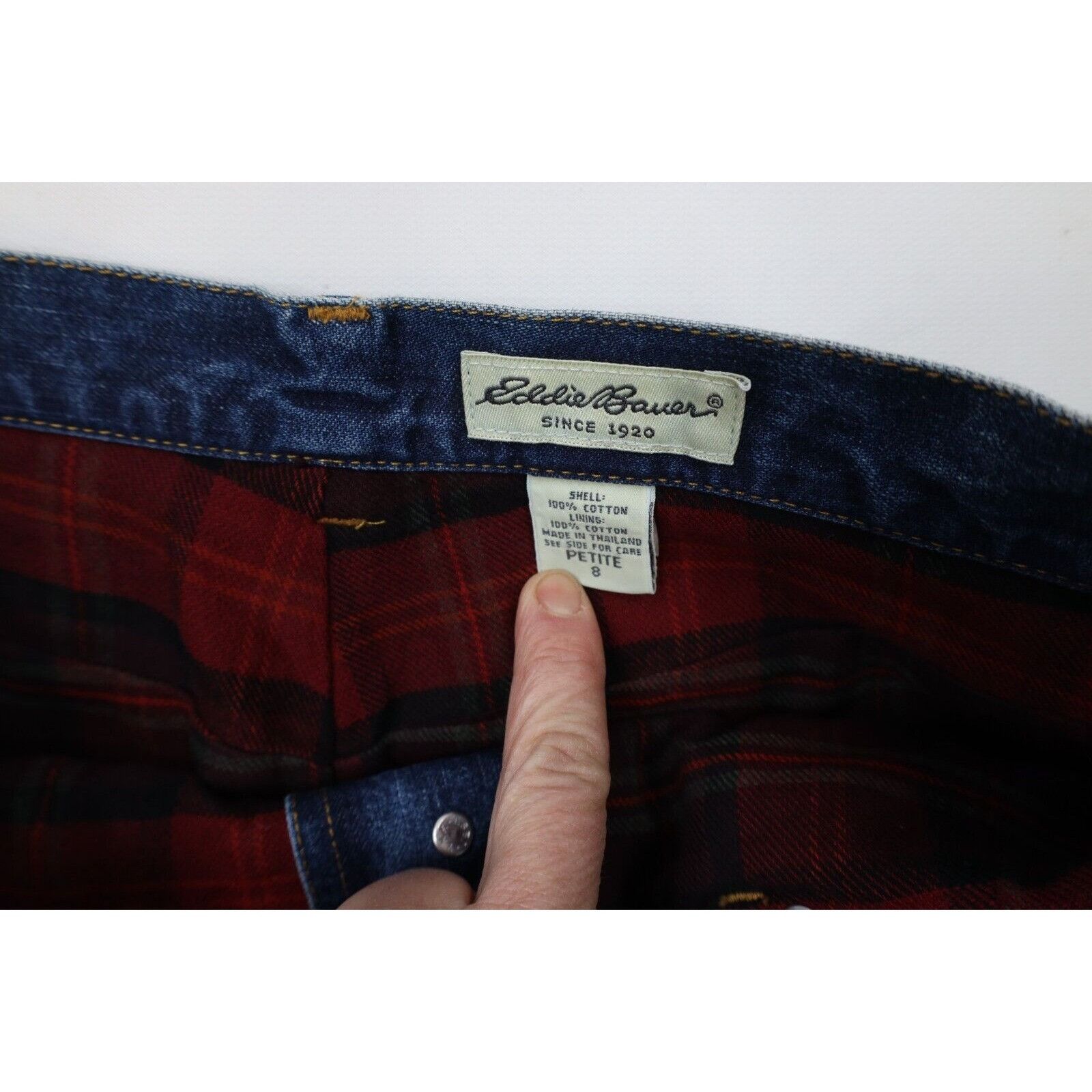 Eddie Bauer × Vintage Vintage 90s Eddie Bauer Distressed Flannel Lined Denim Skirt Size 30" / US 8 / IT 44 - 7 Thumbnail