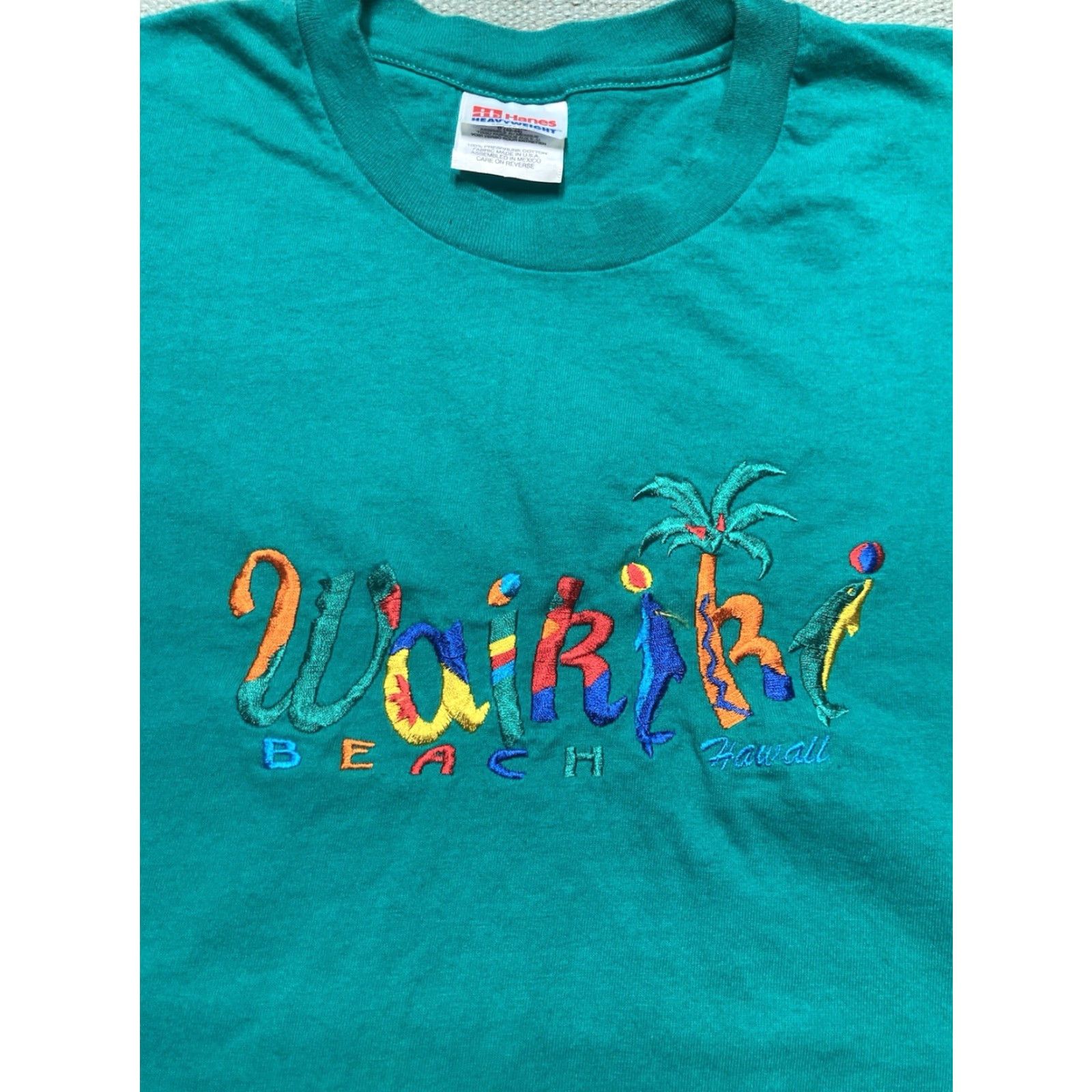 Vintage VINTAGE Beach T-Shirt 90s Waikiki Beach Hawaii Ocean Palm Tree Dolphin Large Mens Teal Size US L / EU 52-54 / 3 - 2 Thumbnail