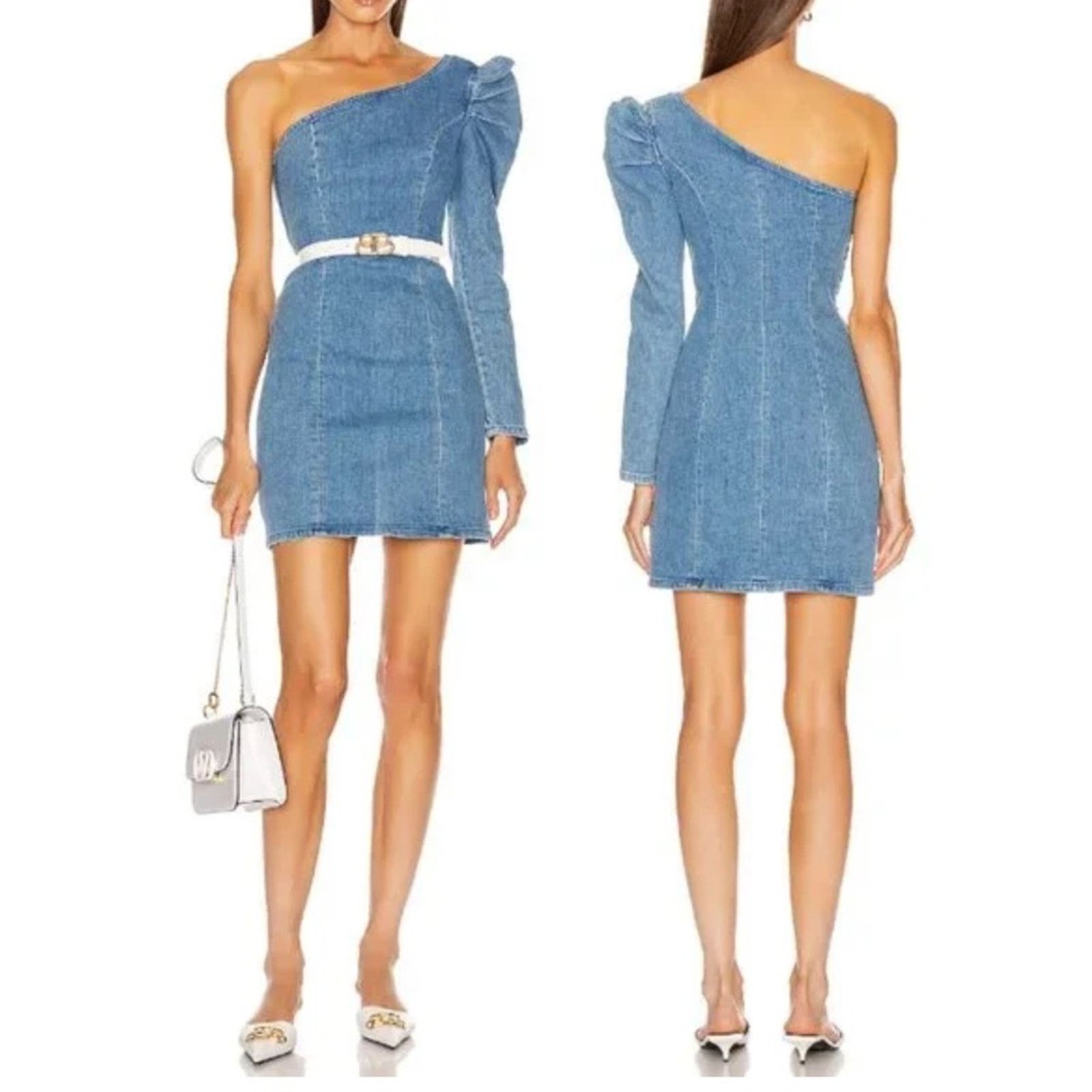 GRLFRND GRLFRND Ellie One Shoulder Denim Minidress NWT Sz. XS Size XS / US 0-2 / IT 36-38 - 2 Thumbnail