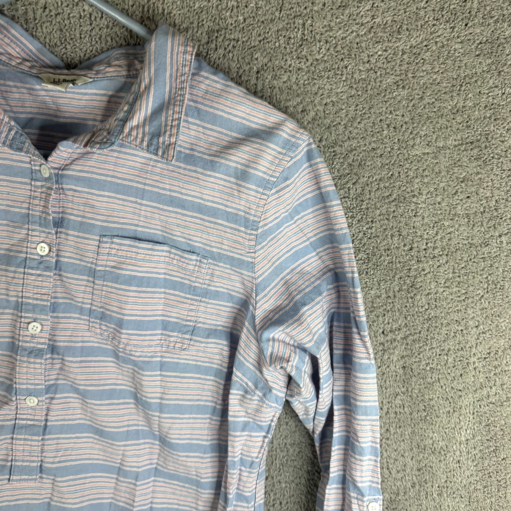 Vintage L.L.Bean Shirt Womens Medium Petite Blue Striped Popover Roll Tab Sleeve Shirt Size M / US 6-8 / IT 42-44 - 4 Thumbnail