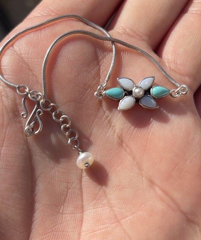 Native × Vintage Native American Zuni Sterling Silver Turquoise MOP Flower Bracelet 925SI Vtg Size ONE SIZE - 2 Thumbnail