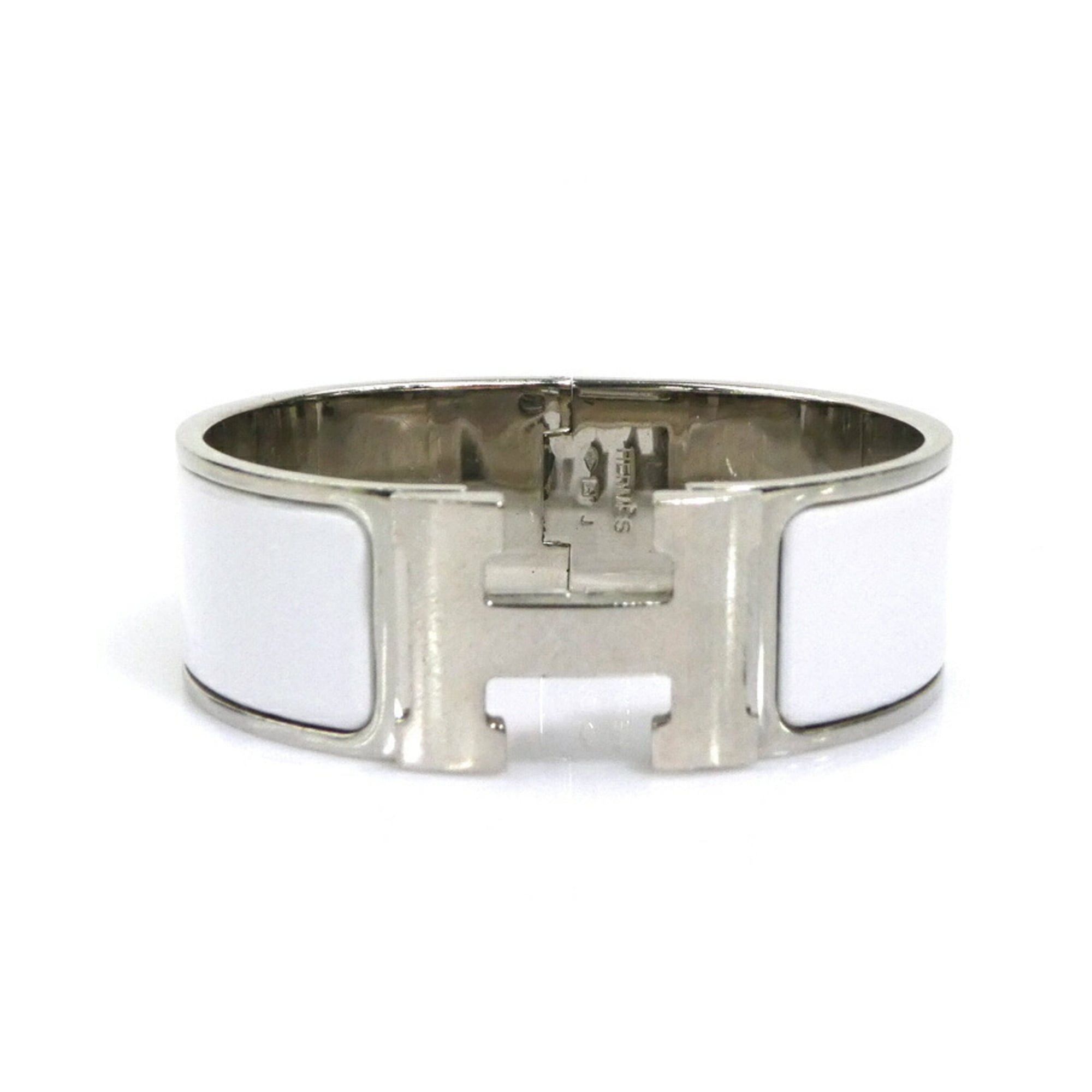 Hermes Hermes Hermès Click Clack Bangle Bracelet in Metal/Enamel, Silver/White, Women's, e61397i Size ONE SIZE - 1 Thumbnail