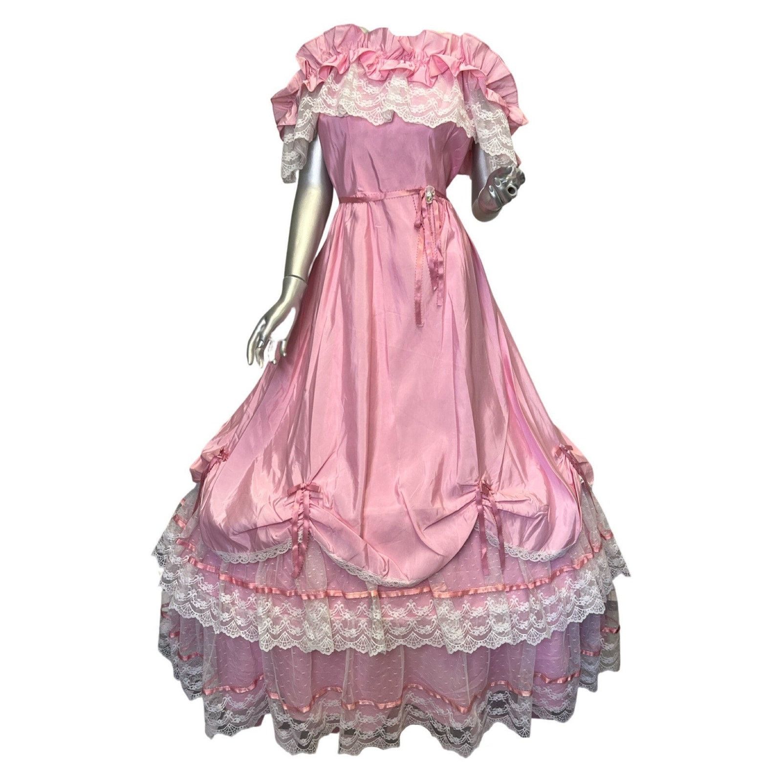 Vintage 1980s Pink White Ball Gown Built In Hoop Med/Large