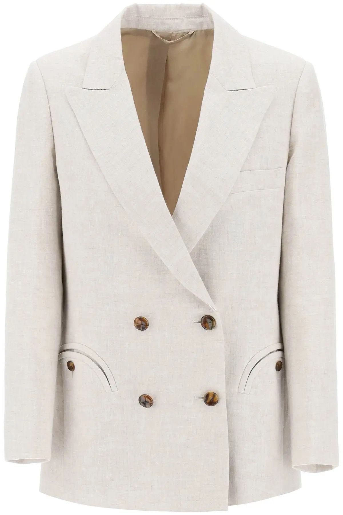 image of O1S22I1N0424 Double-Breasted Blazer In Beige, Women's (Size Medium)