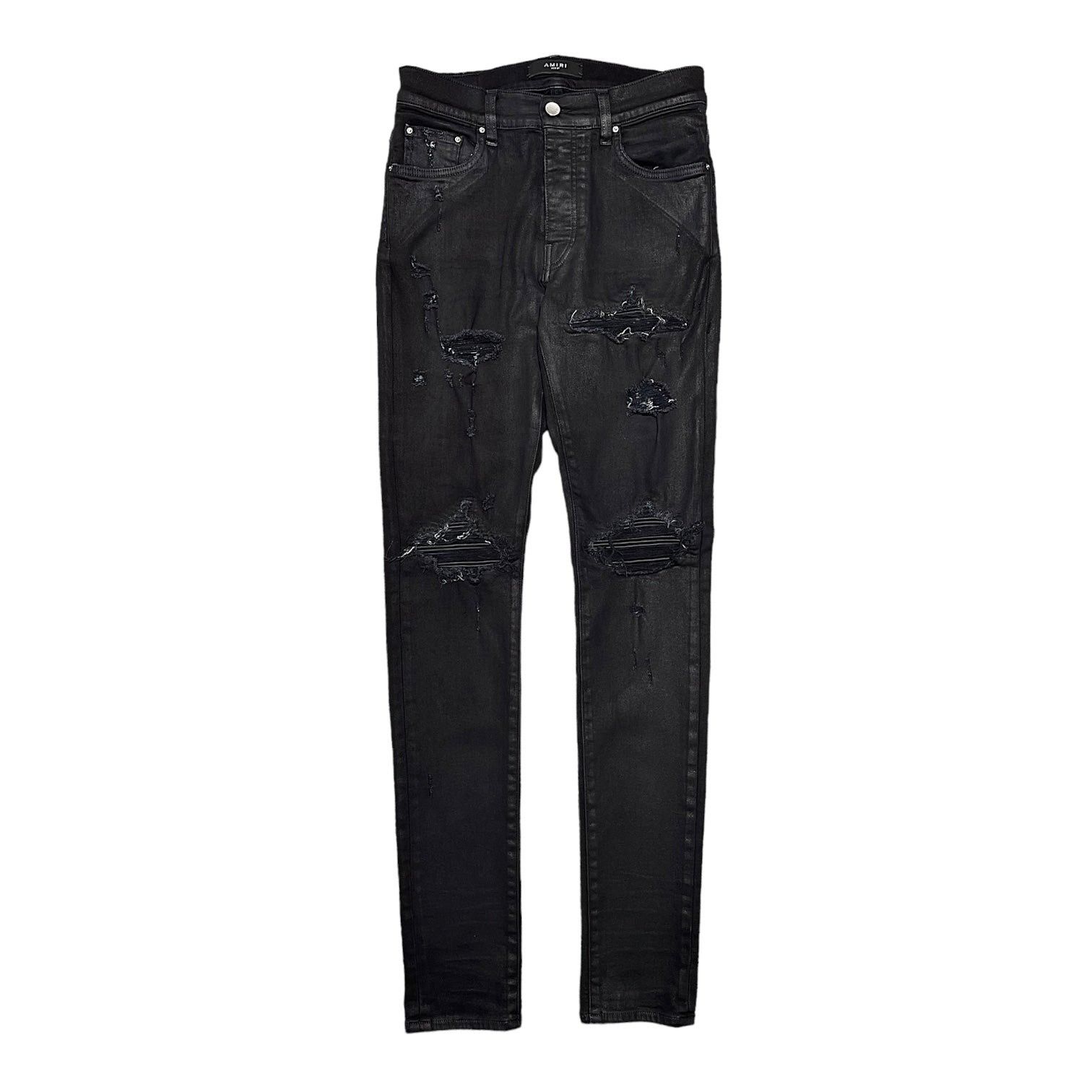 Image of Amiri Mx1 Leather Patch Jeans Waxed Black, Men's (Size 31)