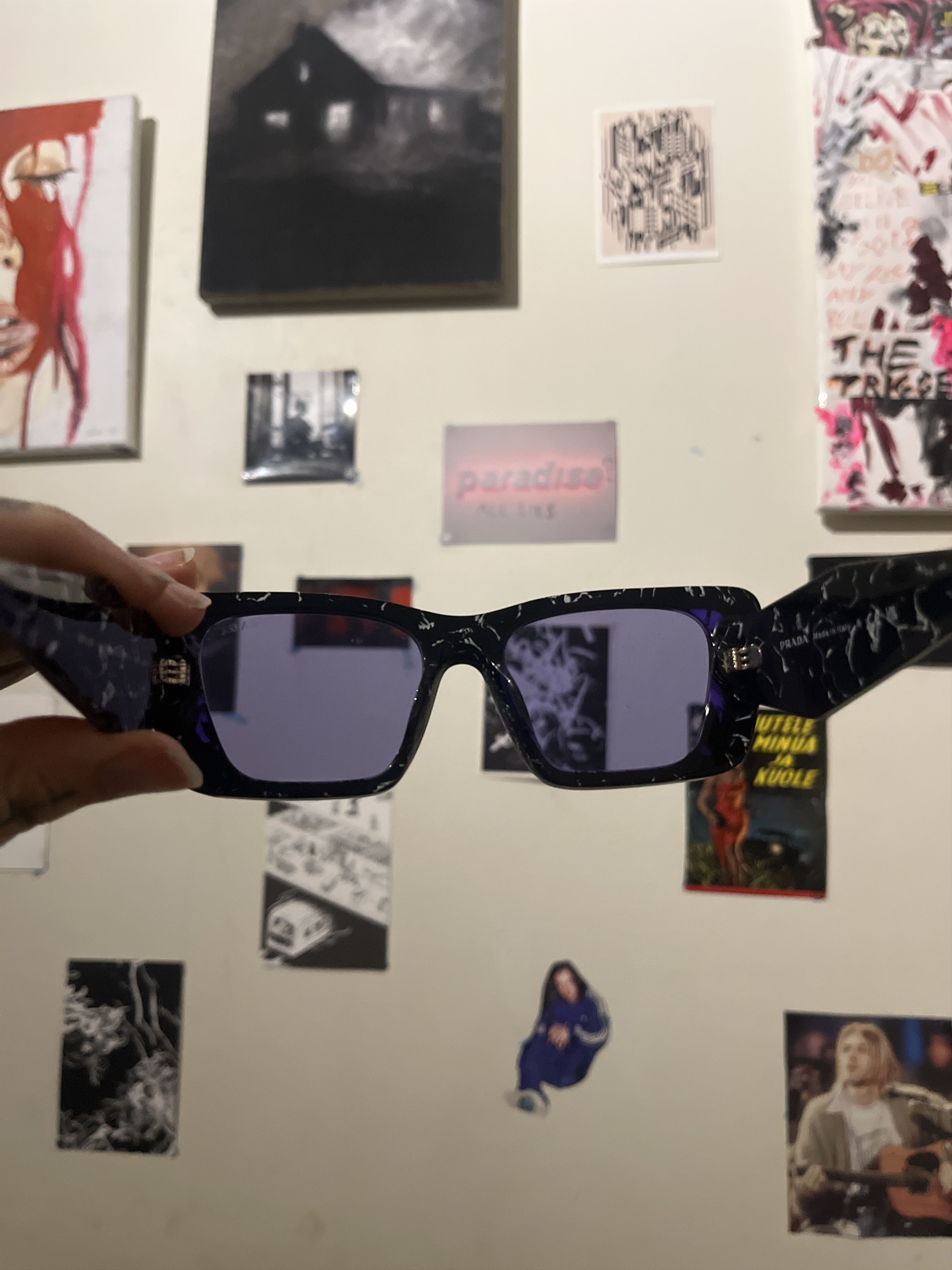 Prada Prada SPR08Y Marble Sunglasses Blue Lens Black White Acetate Size ONE SIZE - 6 Thumbnail