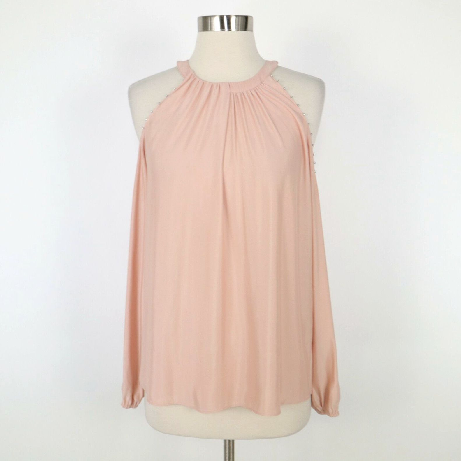 image of Ramy Brook Blouse Top Cold Shoulder Womens Xs Blush Pink Beaded Embellished in White