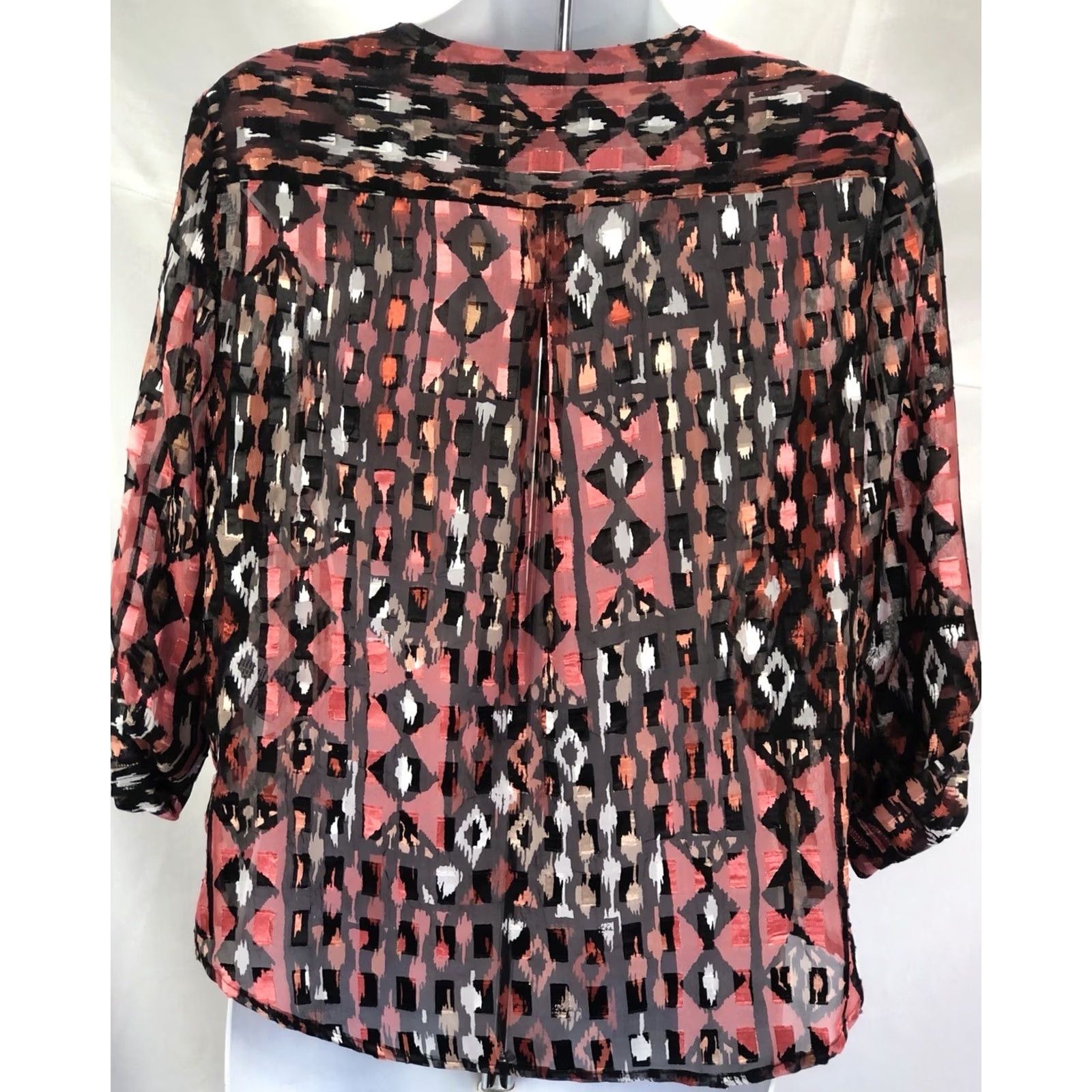 Vintage Vintage Sheer Chiffon Top 4P Blk/Orange Aztec Mod LongSleeve RollTab Boho Grunge Size S / US 4 / IT 40 - 4 Thumbnail