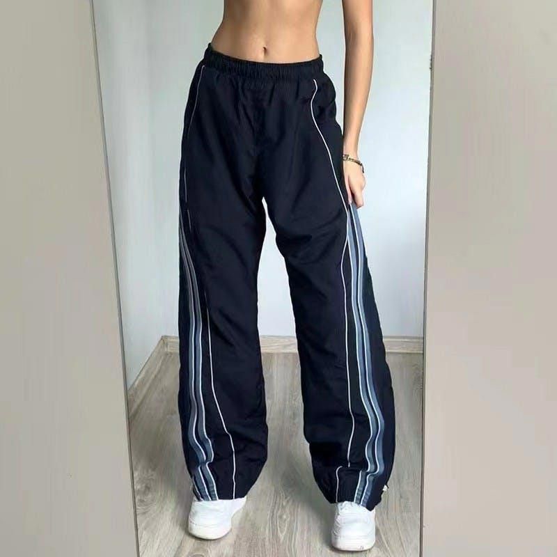 image of Y2K Striped Blue Sweatpants, Women Parachute Pants (Size 28)