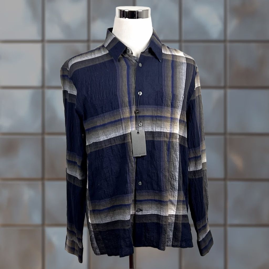 John Varvatos John Varvatos Shirt Navy Blue Gray Plaid Cotton Blend Regular Fit Large Cole Button-Up Shirt Mens L Size US L / EU 52-54 / 3 - 1 Thumbnail