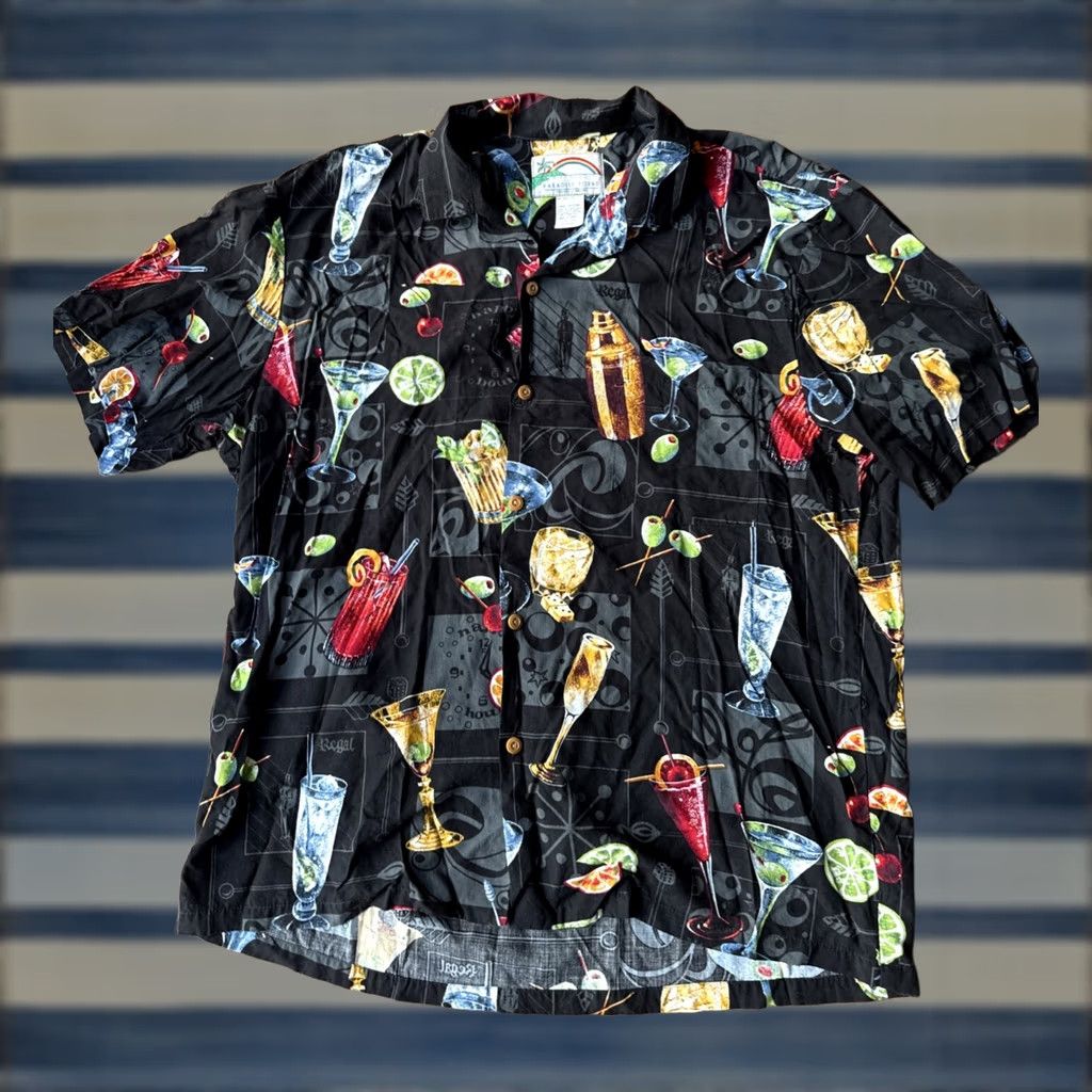 Paradise Found VINTAGE Paradise Found Cocktail Hawaiian Shirt L Black 100% Rayon Graphic Print Short Sleeve Button-Up Collar Spread Men Size US L / EU 52-54 / 3 - 1 Thumbnail