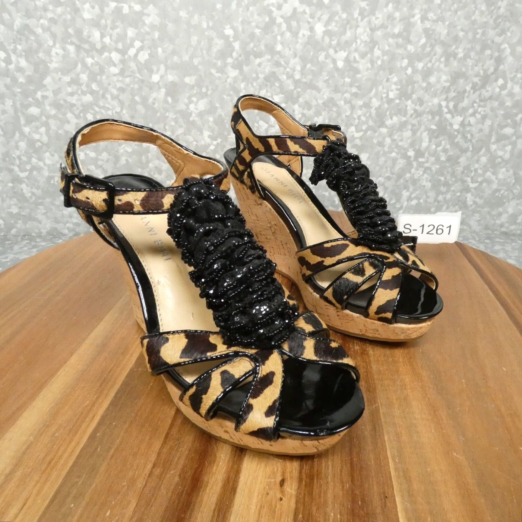 Vintage Gianni Bini Platform Wedge Sandals Womens 6M Leopard Print Leather Beaded Strap Size US 6 / IT 36 - 2 Thumbnail