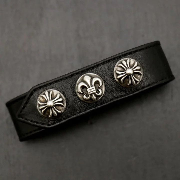 Chrome Hearts cross Fleur black leather bracelet