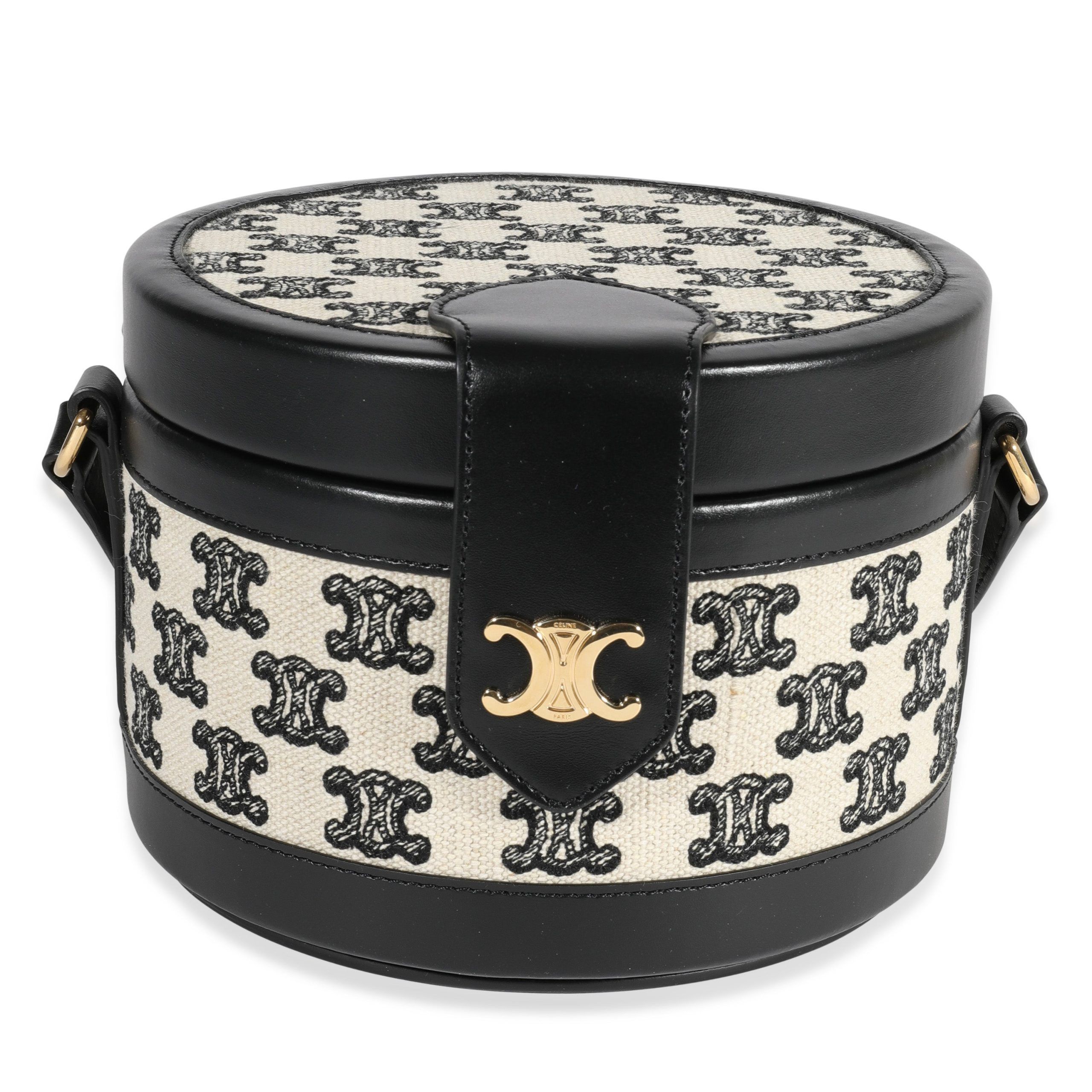 image of Celine White Triomphe Canvas & Black Leather Medium Tambour Bag, Women's