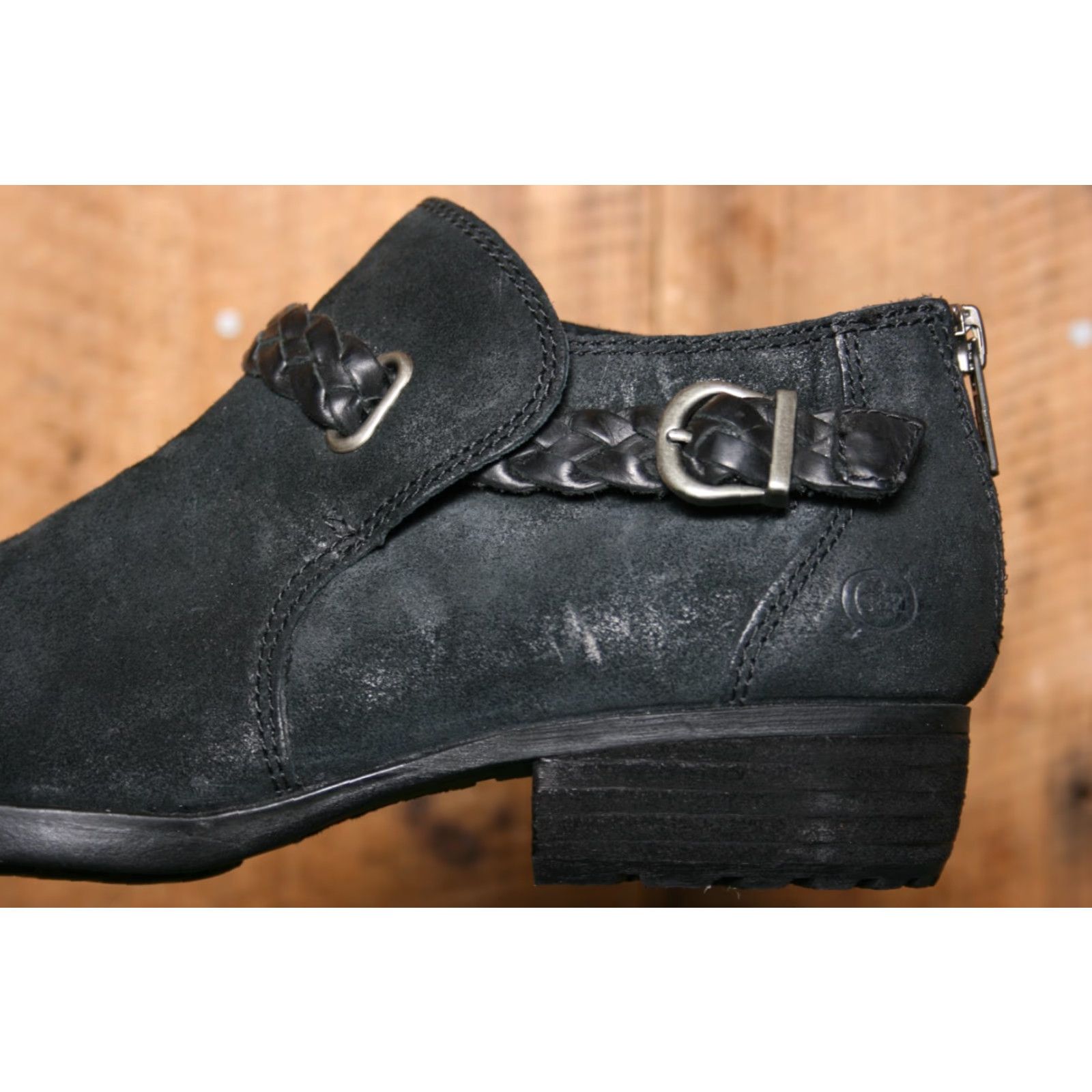Born BORN Sylvia Black Burnished Suede Bootie Women's Low Ankle Boot 6.5 M Bucket Buckle Strap Zip Size US 7 / IT 37 - 7 Thumbnail