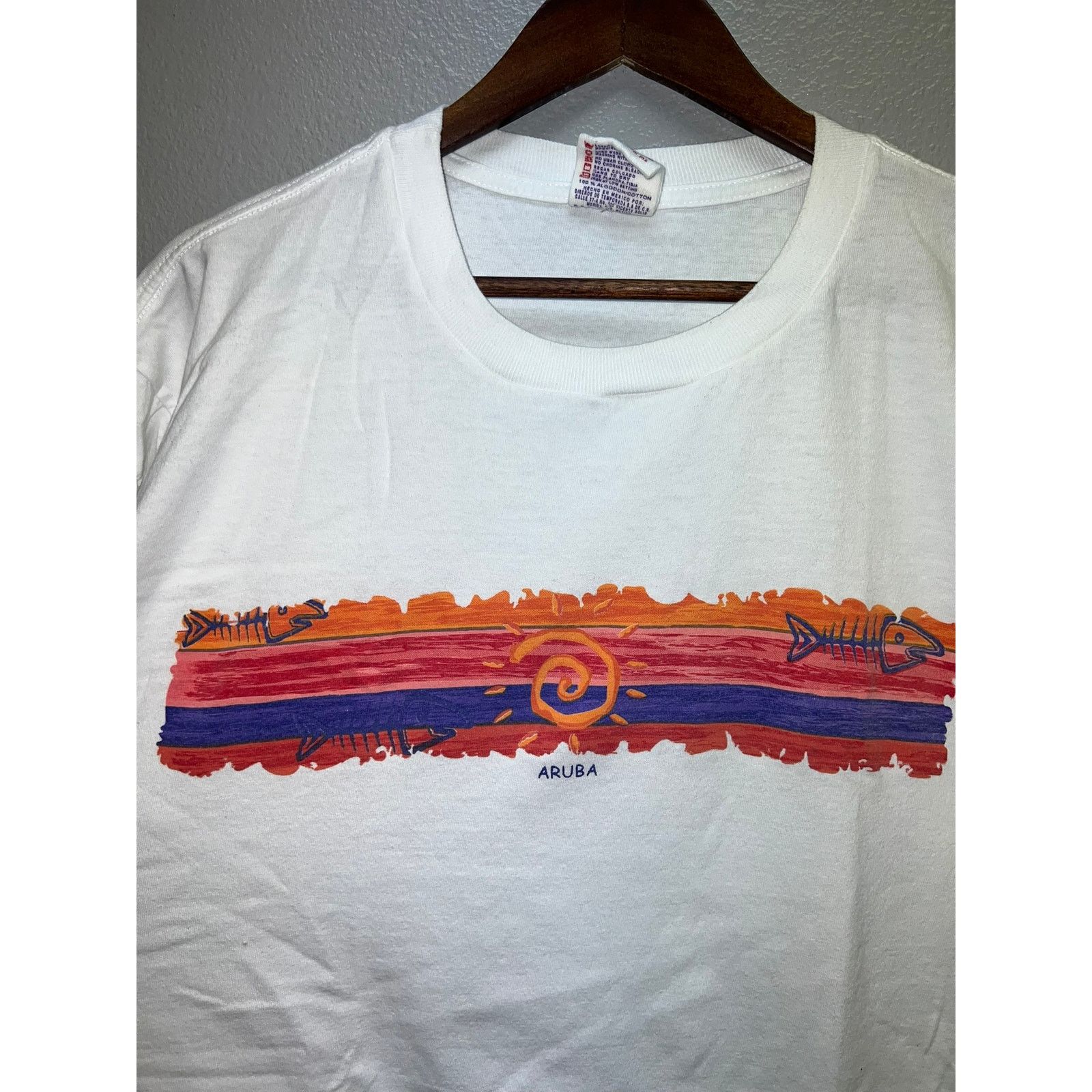 Vintage Vintage Aruba Shirt Fish Bones Sun Miro White Tee 90s XL Size US XL / EU 56 / 4 - 2 Thumbnail