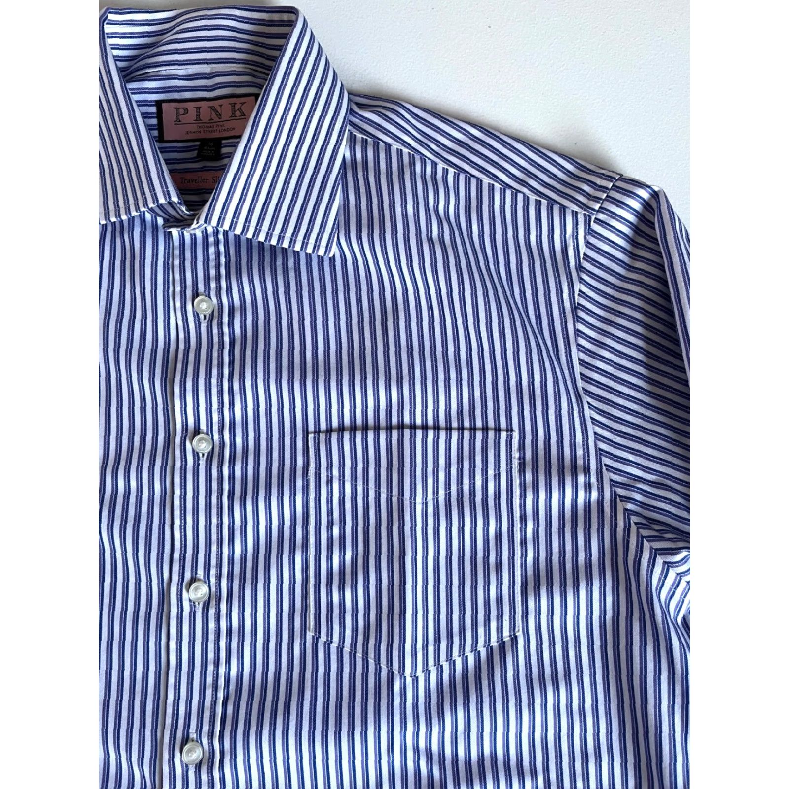 Pinko Thomas Pink Traveller Slim Fit Dress Shirt Striped Sz 16, 41cm Men’s Shirt, White/Blue/Purple, 100% Cotton, Long Sleeve, Button-Front, Spread Collar Size 42R - 6 Thumbnail