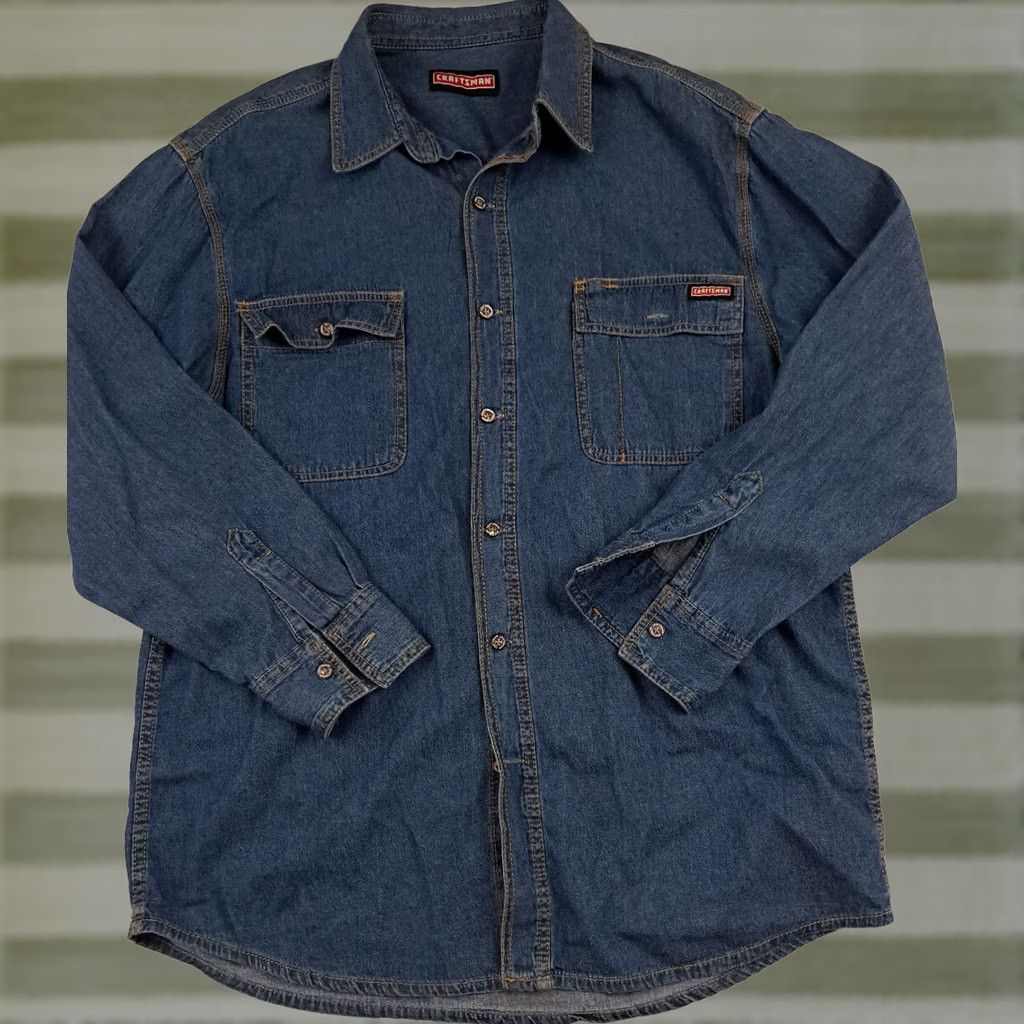 Sears Craftsman Jeans Shirt Denim 100% Cotton Long Sleeve Full Button Medium Blue 90s Outdoor Size M / US 6-8 / IT 42-44 - 1 Thumbnail