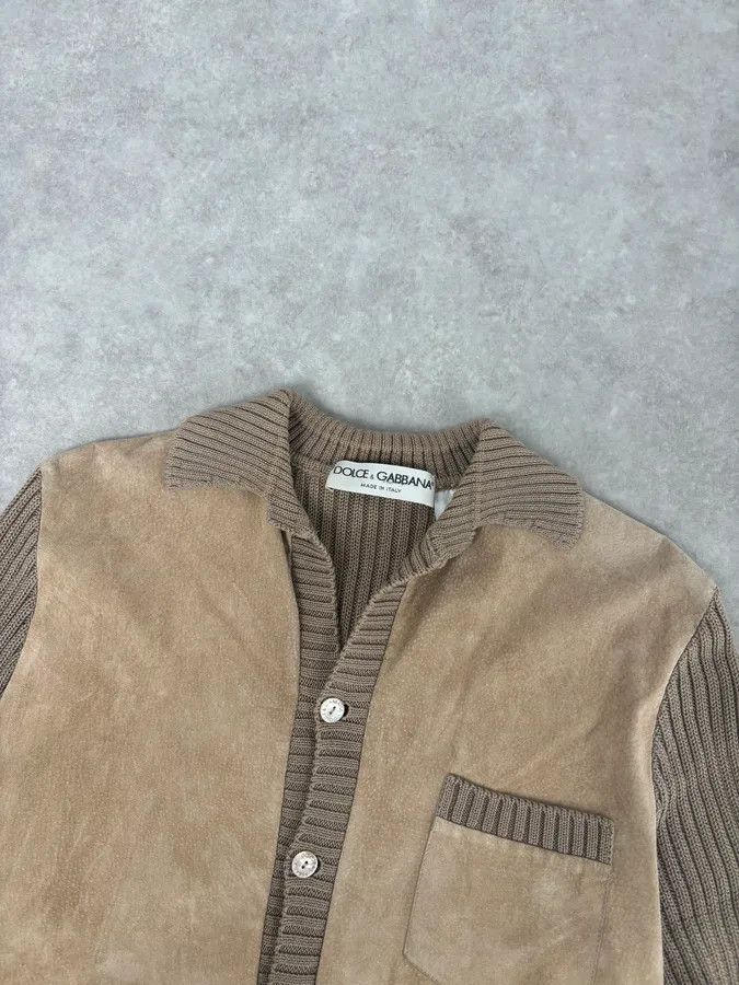 Dolce & Gabbana 1990s Dolce & Gabbana Beige Suede Ribbed Knit Hybrid Cardigan Shirt Size US M / EU 48-50 / 2 - 4 Thumbnail