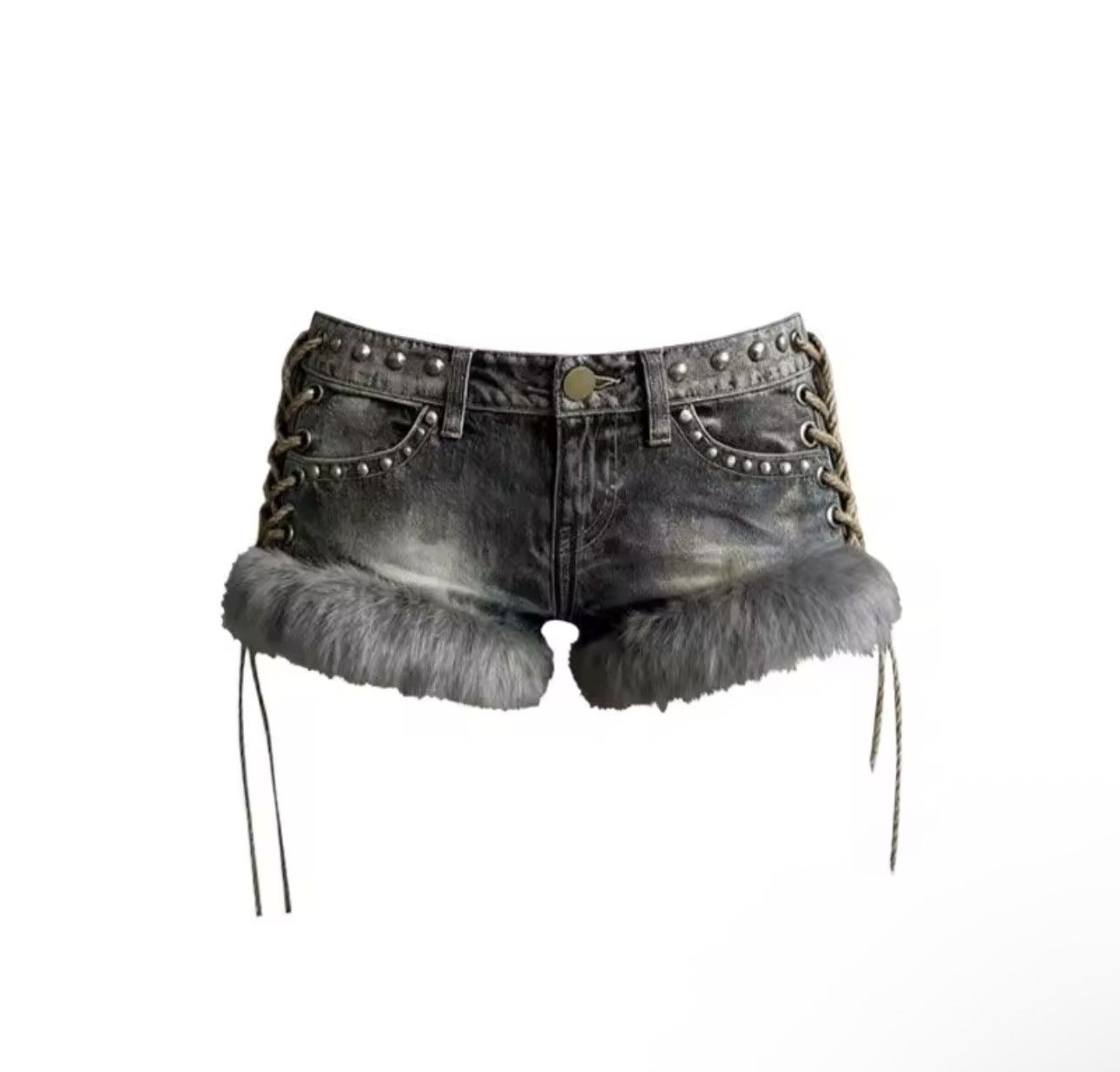 Jean Y2k Fur Punk Patchwork Mini Shorts Vintage Size 26" / US 2 / IT 38 - 1 Thumbnail